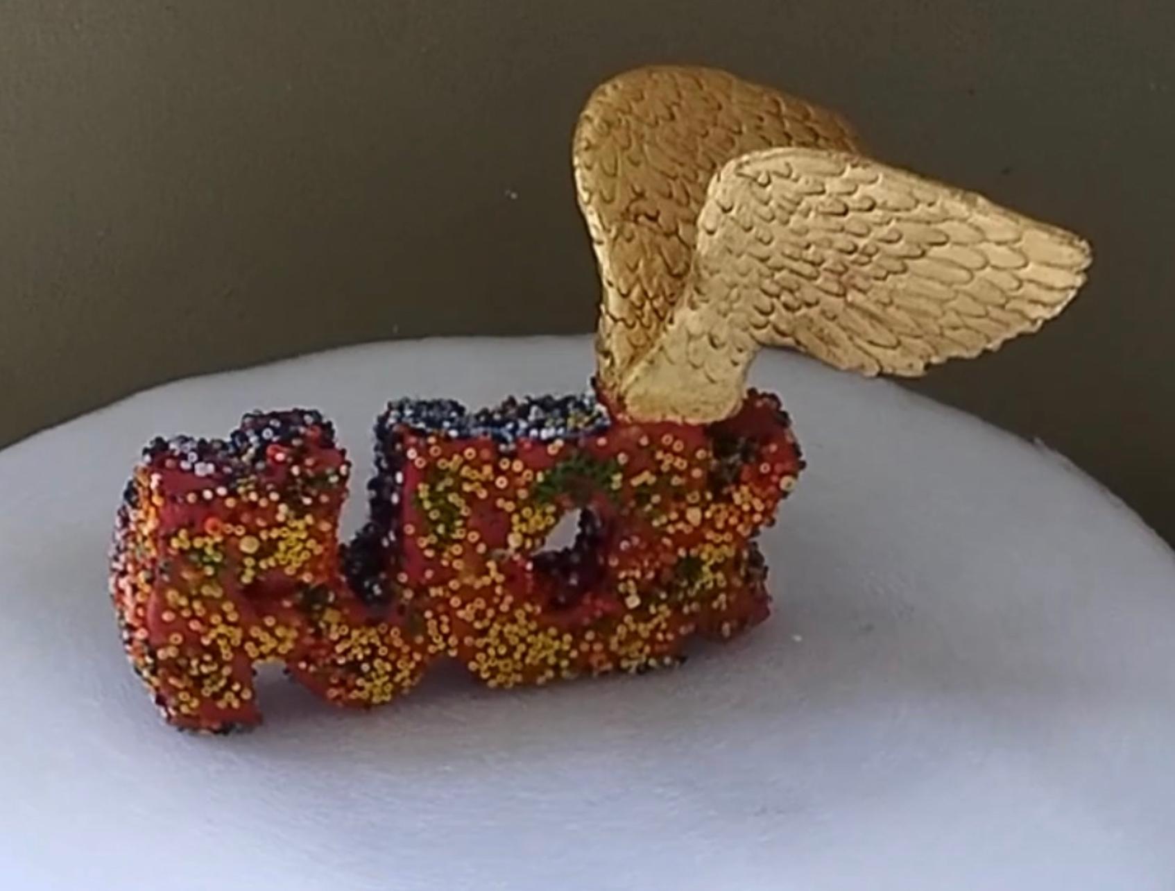 Red Flying “Fuck” with yellow and multicolored beads, Jim Pallas For Sale 2