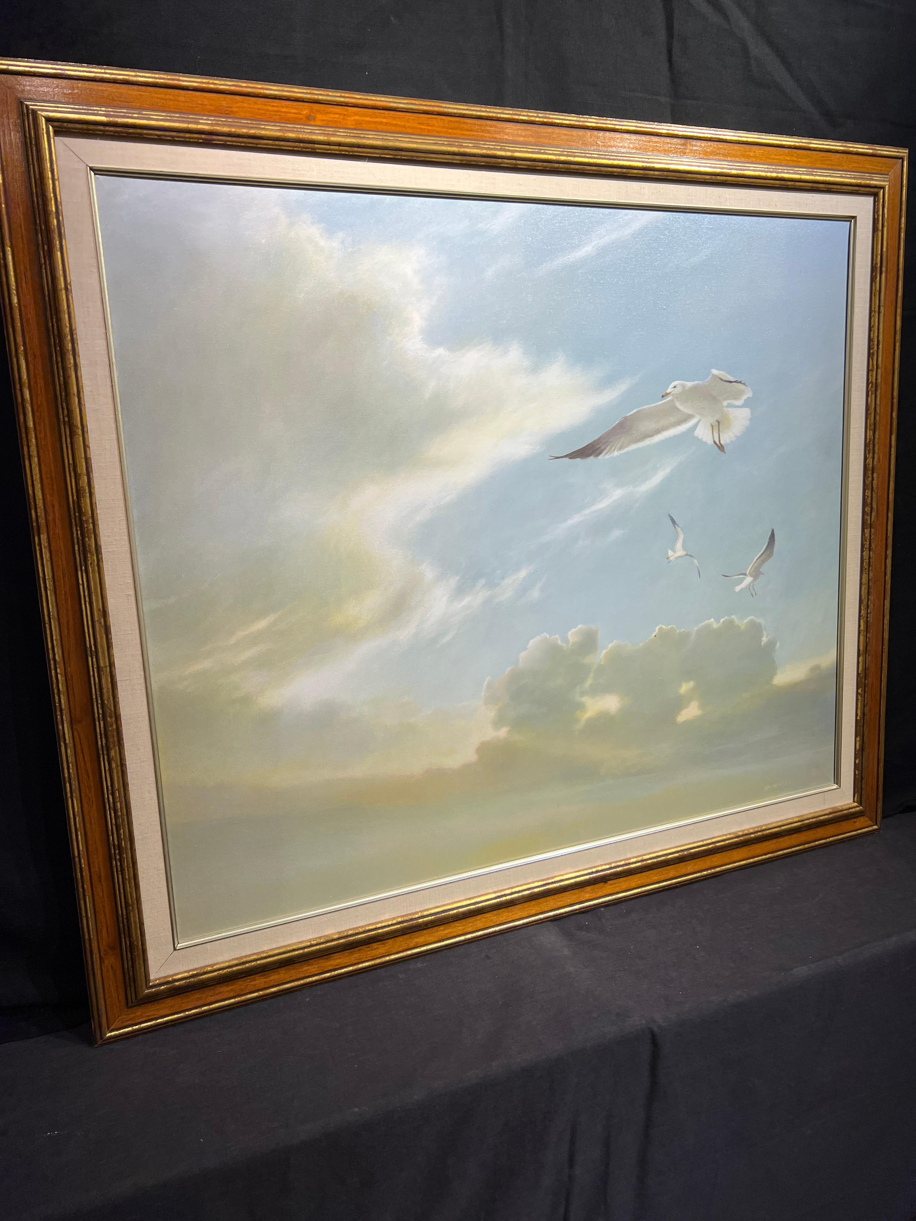 Seagulls (Birds in Flight) (Grau), Landscape Painting, von Jim Palmer