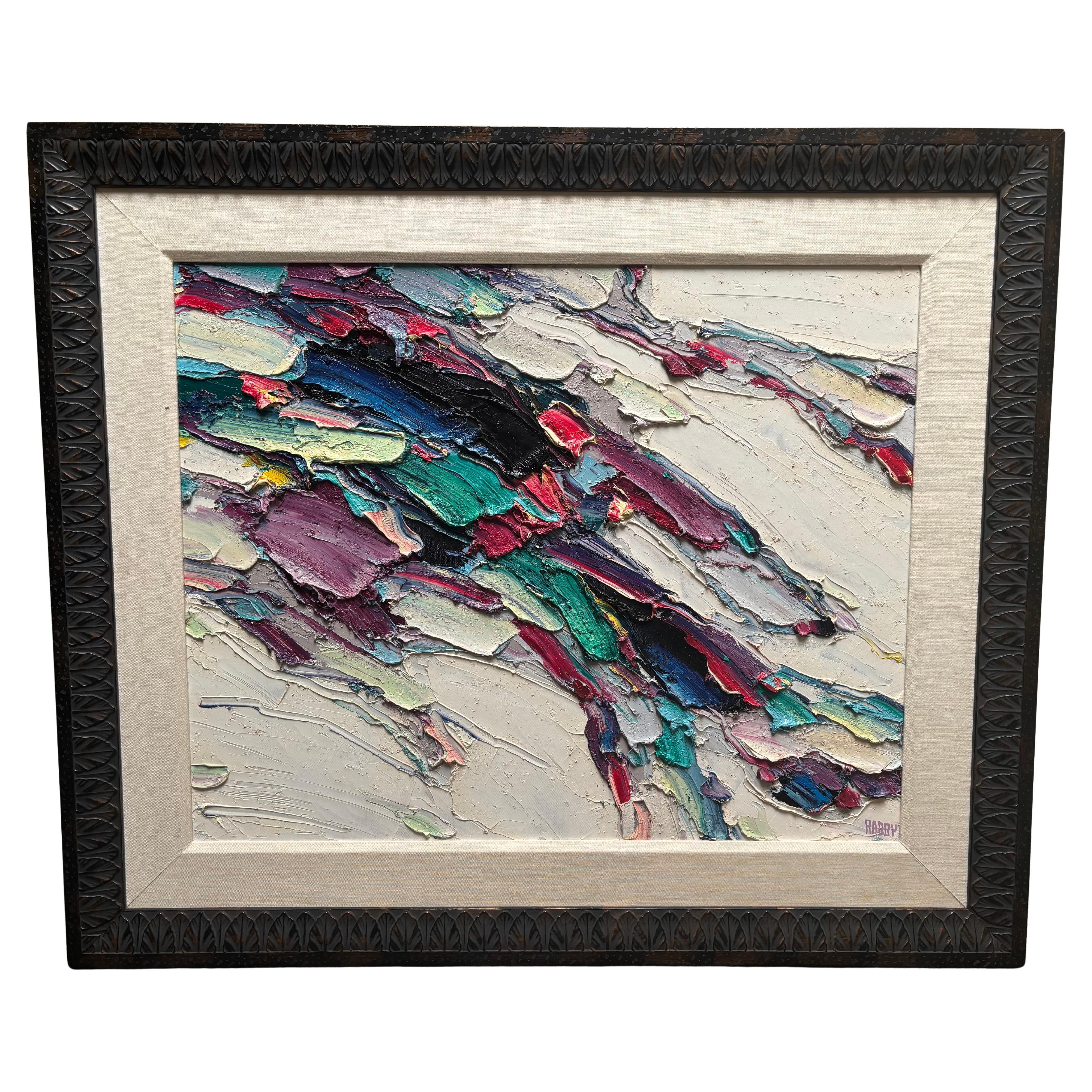 Jim Rabby large abstract oil painting on canvas signed , dated , title. For Sale