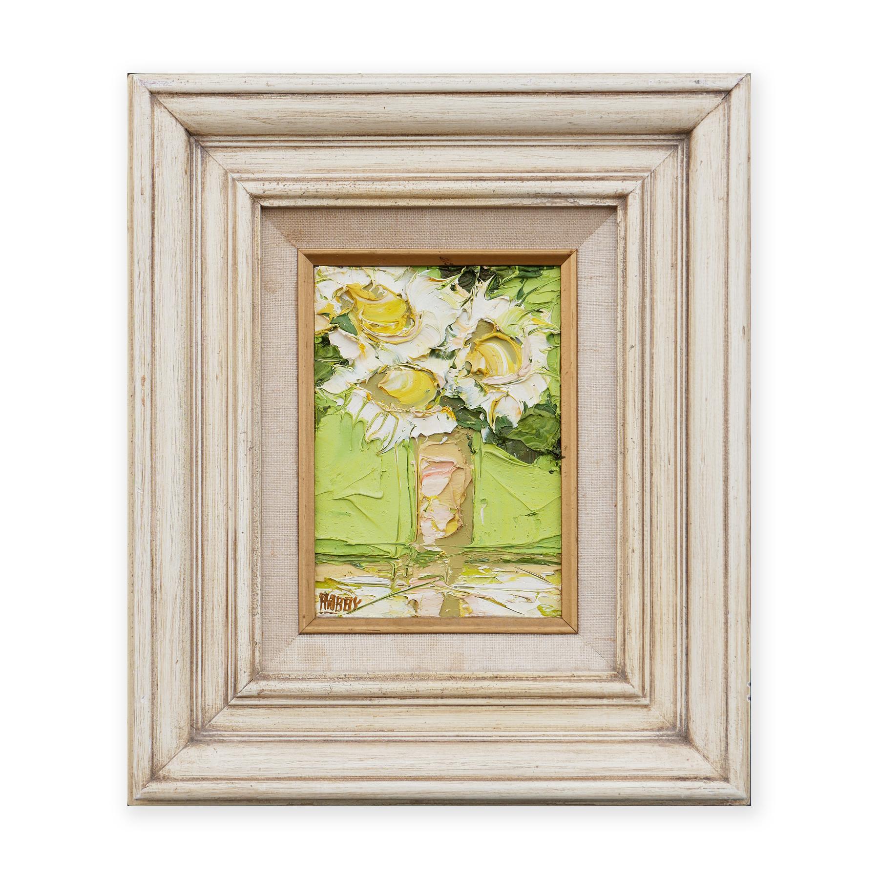 Modern abstract white and yellow floral still life by Houston, TX artist Jim Rabby. The work features three white and yellow flowers in a vase rendered in a thick, impasto style, creating a sense of dimension. Signed 