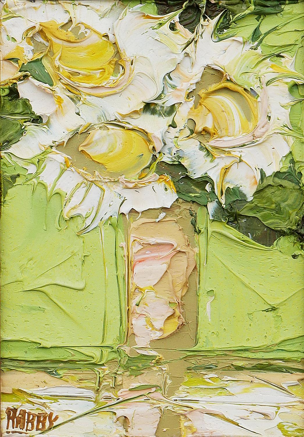 Modern Abstract Green, Yellow, and White Flowers Still Life Painting 5
