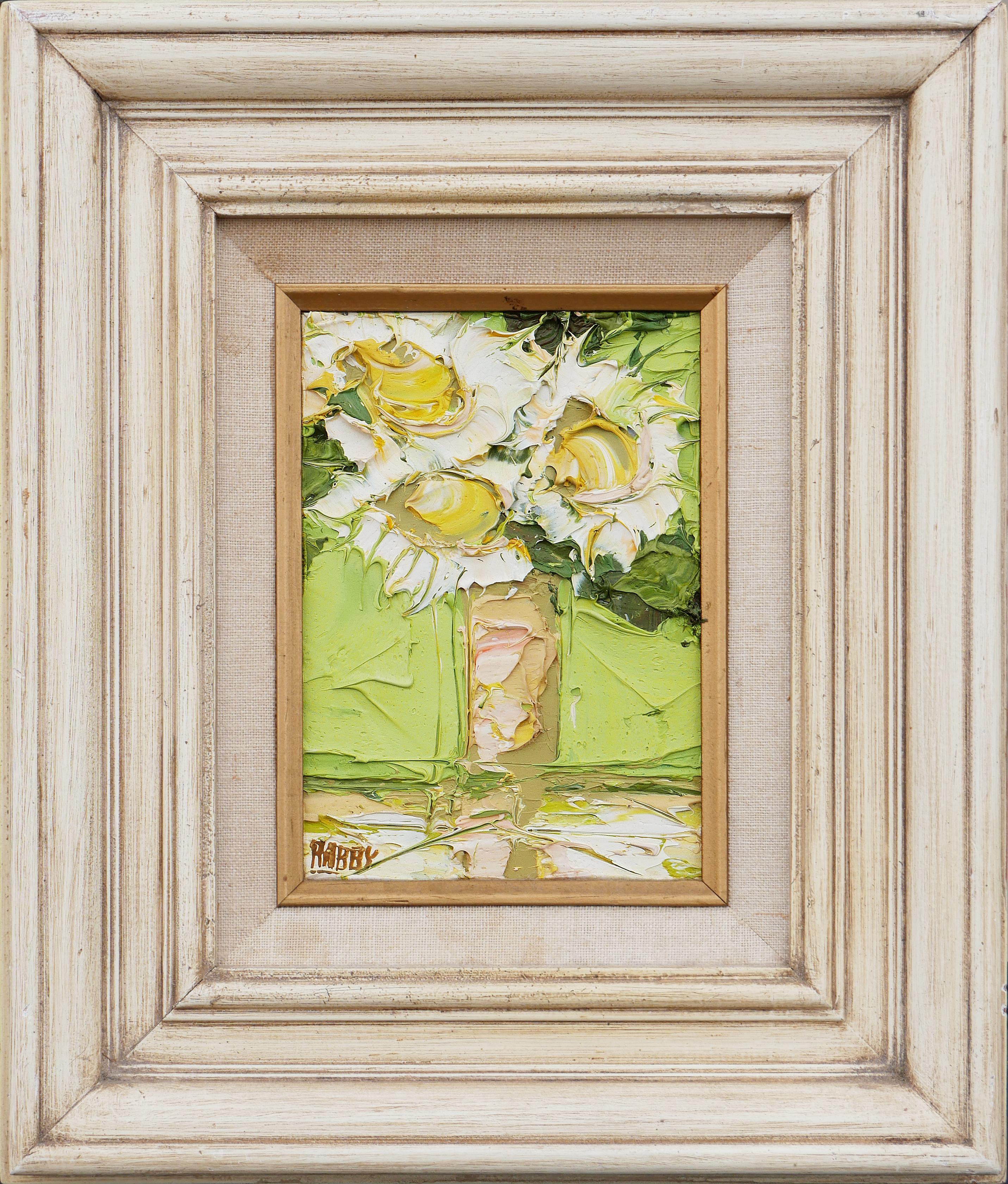 Jim Rabby Abstract Painting - Modern Abstract Green, Yellow, and White Flowers Still Life Painting