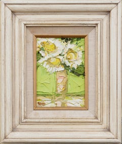 Modern Abstract Green, Yellow, and White Flowers Still Life Painting