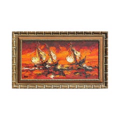 Modern Abstract Red and Orange Nautical Impasto Ocean Landscape Painting