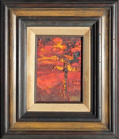 Peinture de paysage moderne abstraite en empâtement texturé rouge, orange et noir