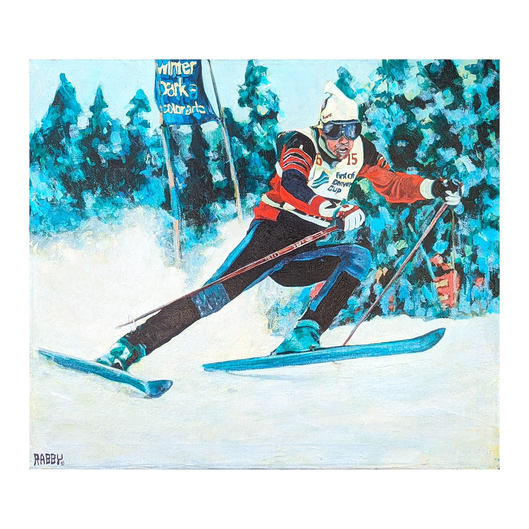 Pintura de paisaje forestal moderno de esquiador en la nieve en Winter Park, Colorado - Painting de Jim Rabby