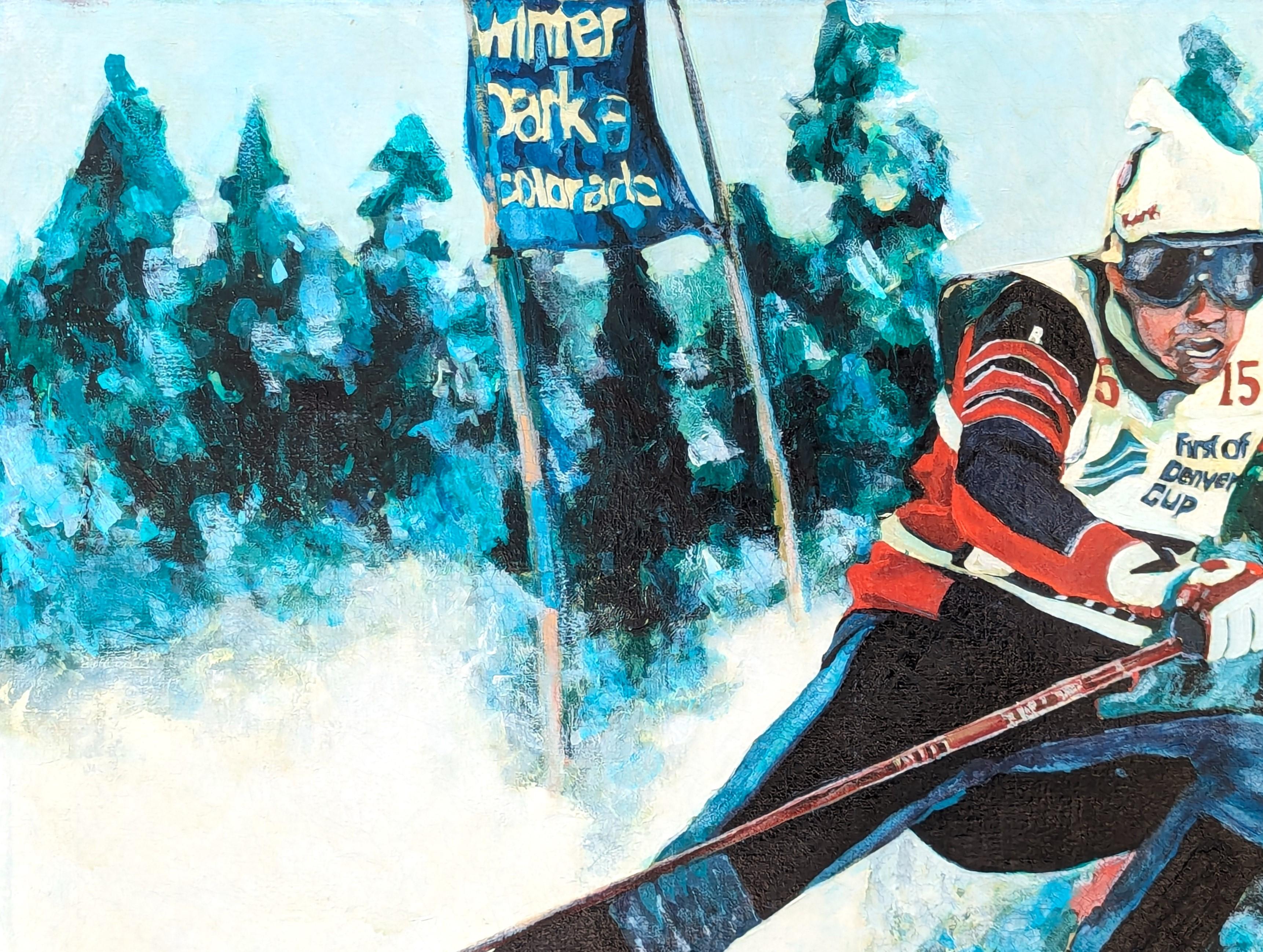 Pintura de paisaje forestal moderno de esquiador en la nieve en Winter Park, Colorado - Painting Moderno de Jim Rabby