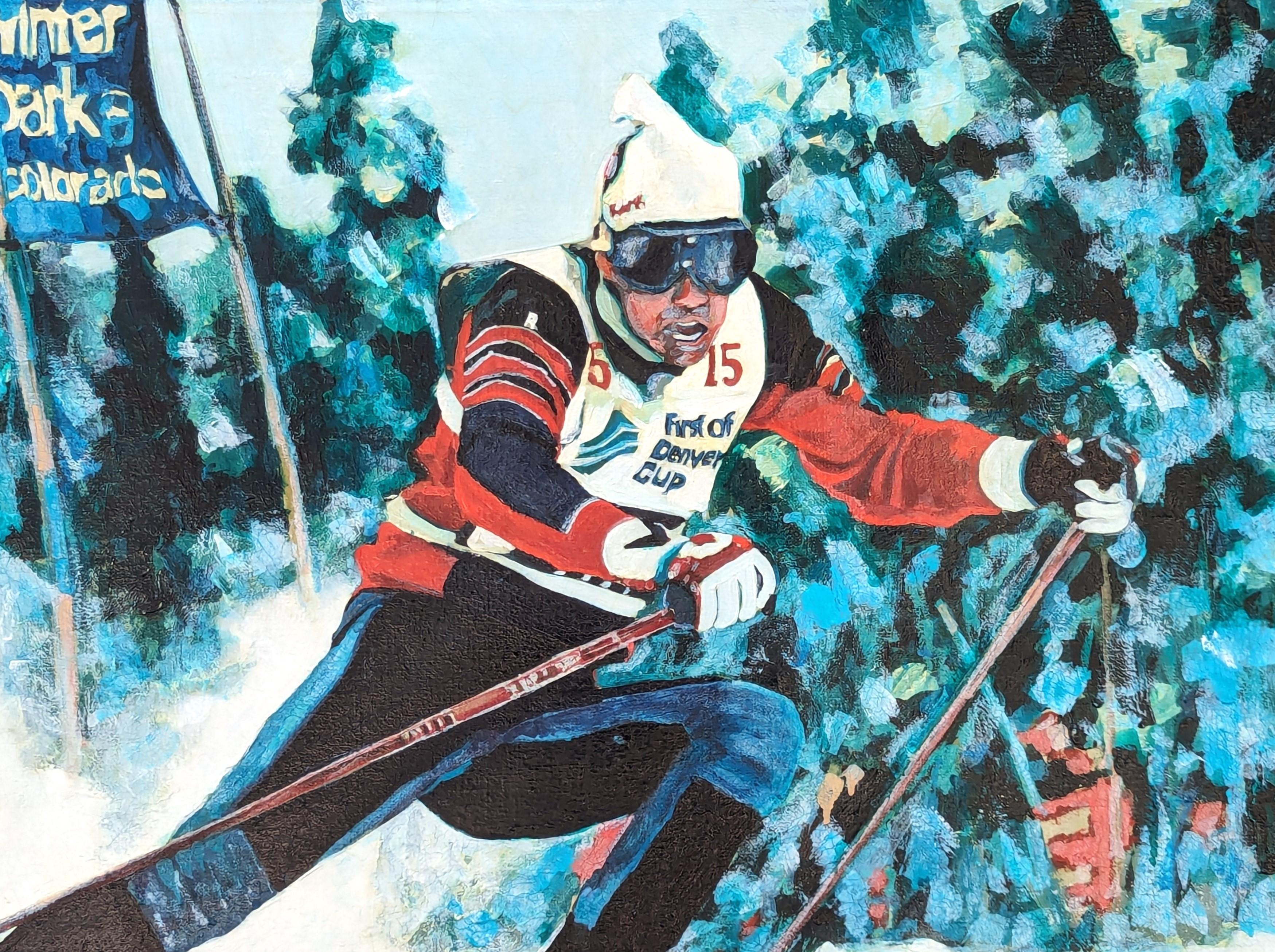 Pintura de paisaje forestal moderno de esquiador en la nieve en Winter Park, Colorado - Landscape Painting Gris de Jim Rabby