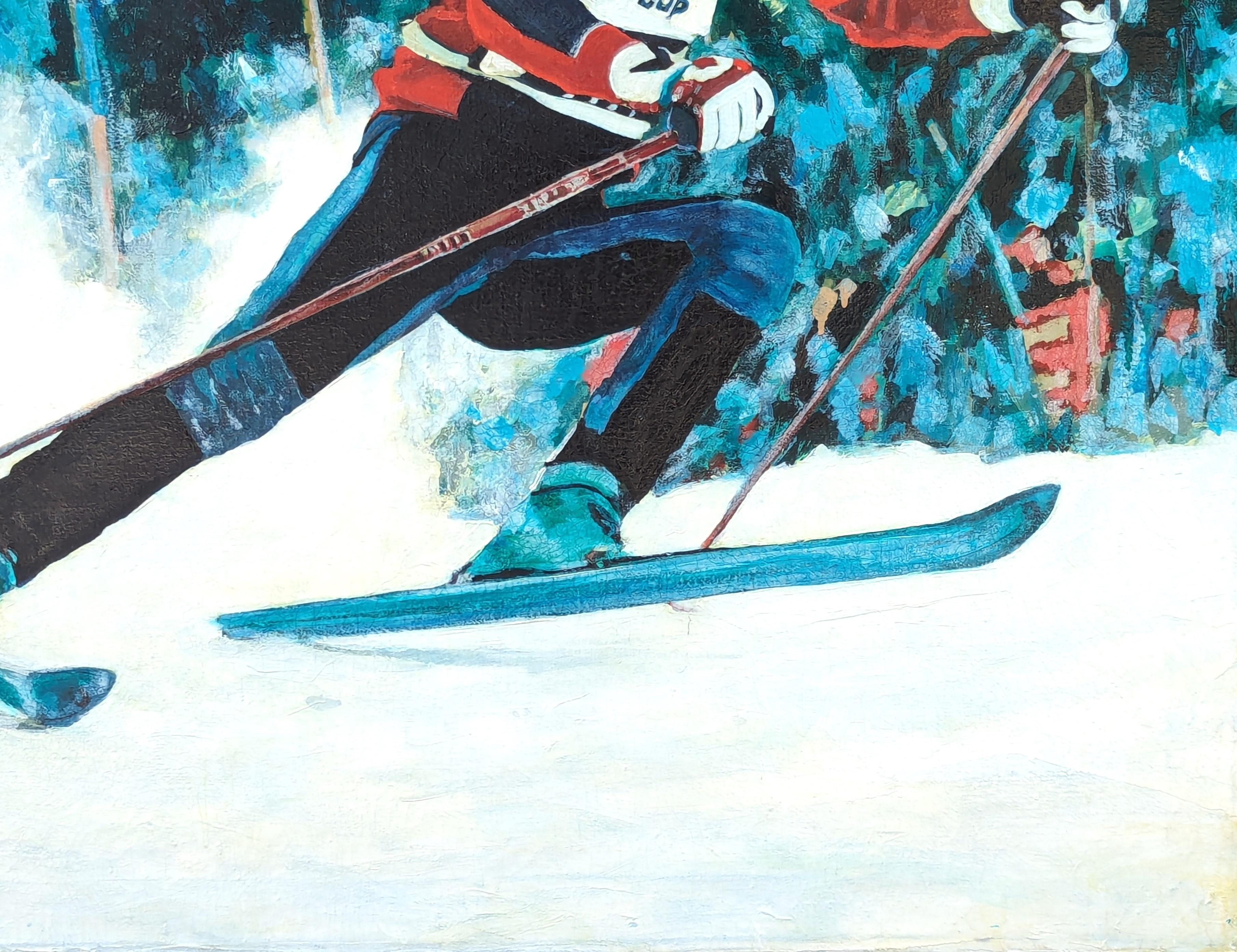 Paisaje moderno de un bosque nevado pintado por Jim Rabby, artista de Houston, Texas. La obra muestra a un esquiador mientras desciende por las pistas de Winter Park, Colorado. Firmado 