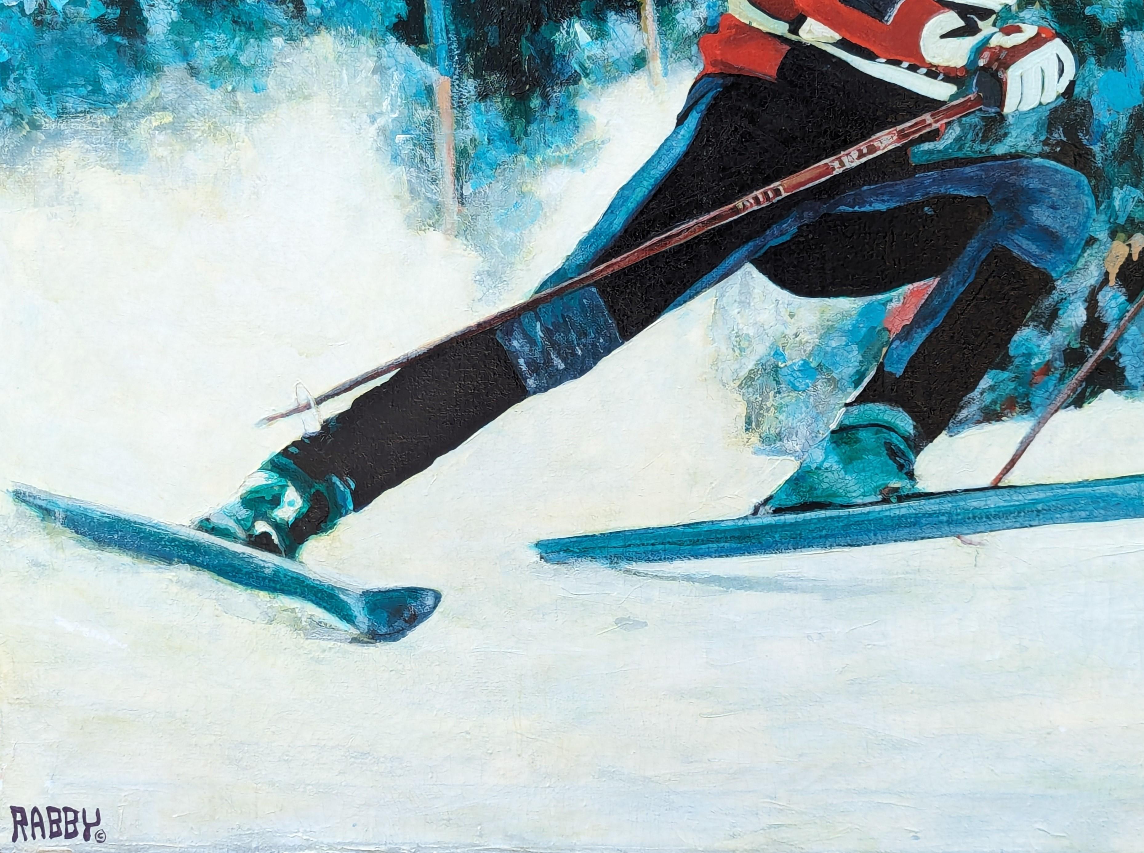 Pintura de paisaje forestal moderno de esquiador en la nieve en Winter Park, Colorado 1