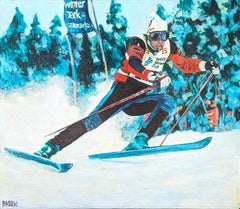 Pintura de paisaje forestal moderno de esquiador en la nieve en Winter Park, Colorado