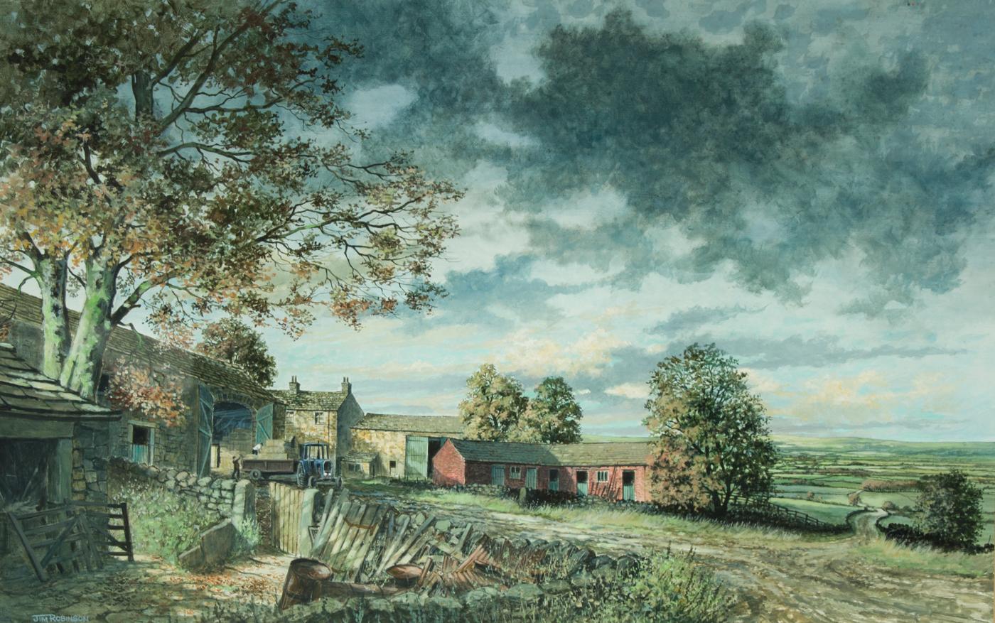 Jim Robinson – signiertes und gerahmtes englisches Ölgemälde, Bauernhof-Landschaft, 20. Jahrhundert 1