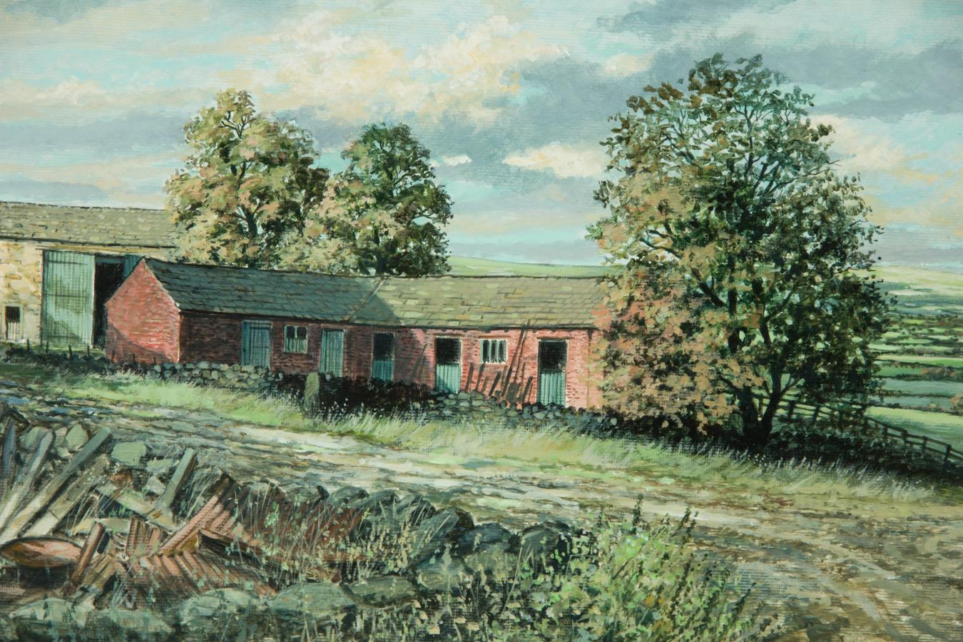 Jim Robinson – signiertes und gerahmtes englisches Ölgemälde, Bauernhof-Landschaft, 20. Jahrhundert 4
