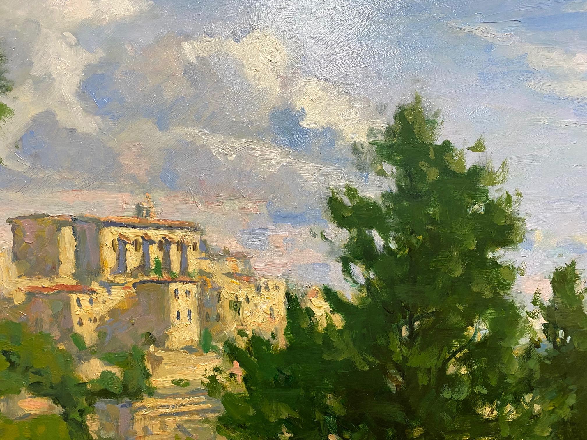 Tarde en Gordes, original paisaje impresionista francés - Landscape Painting Marrón de Jim Rodgers