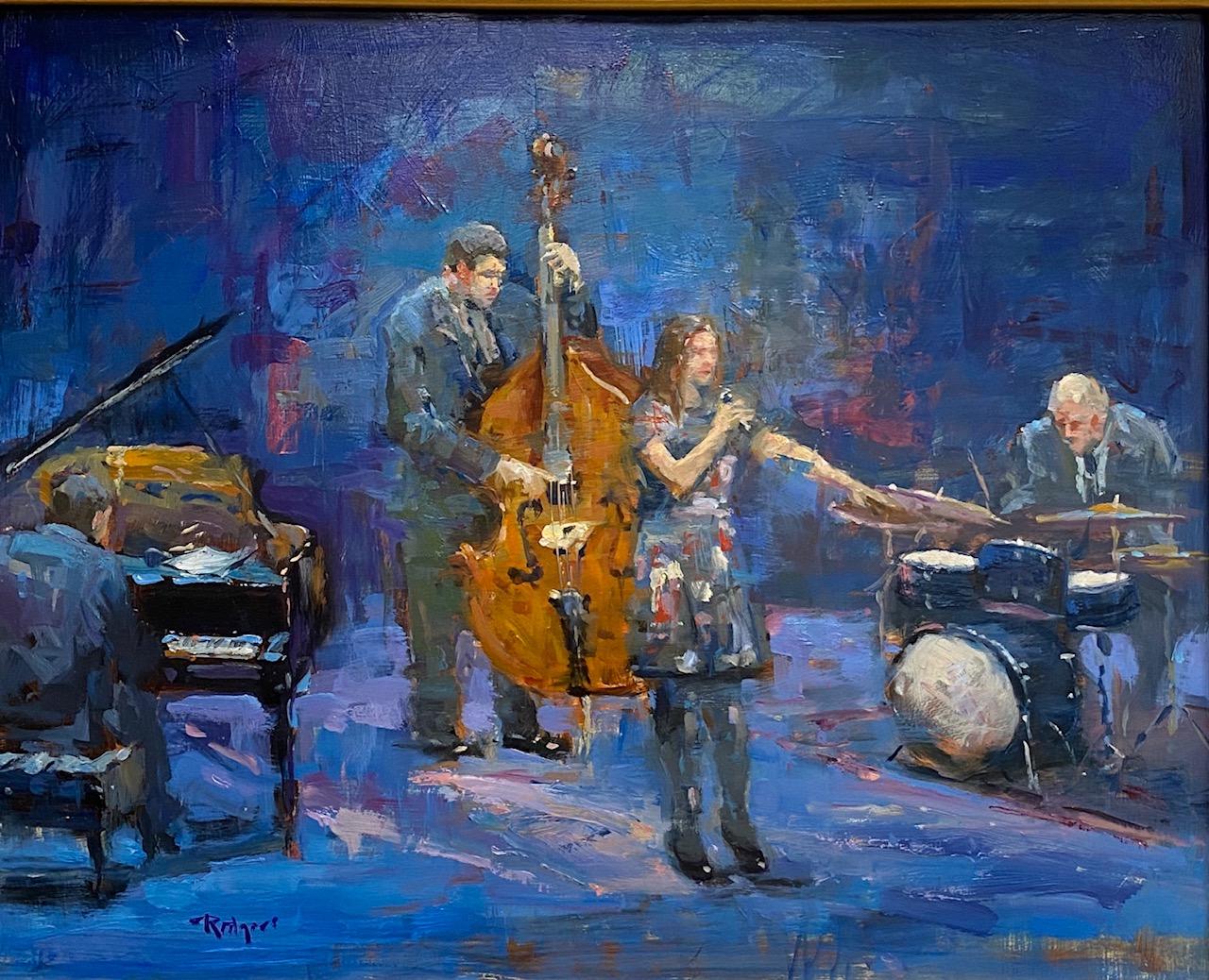 Blue Jazz, original impressionist figurative interior landscape - Painting by Jim Rodgers