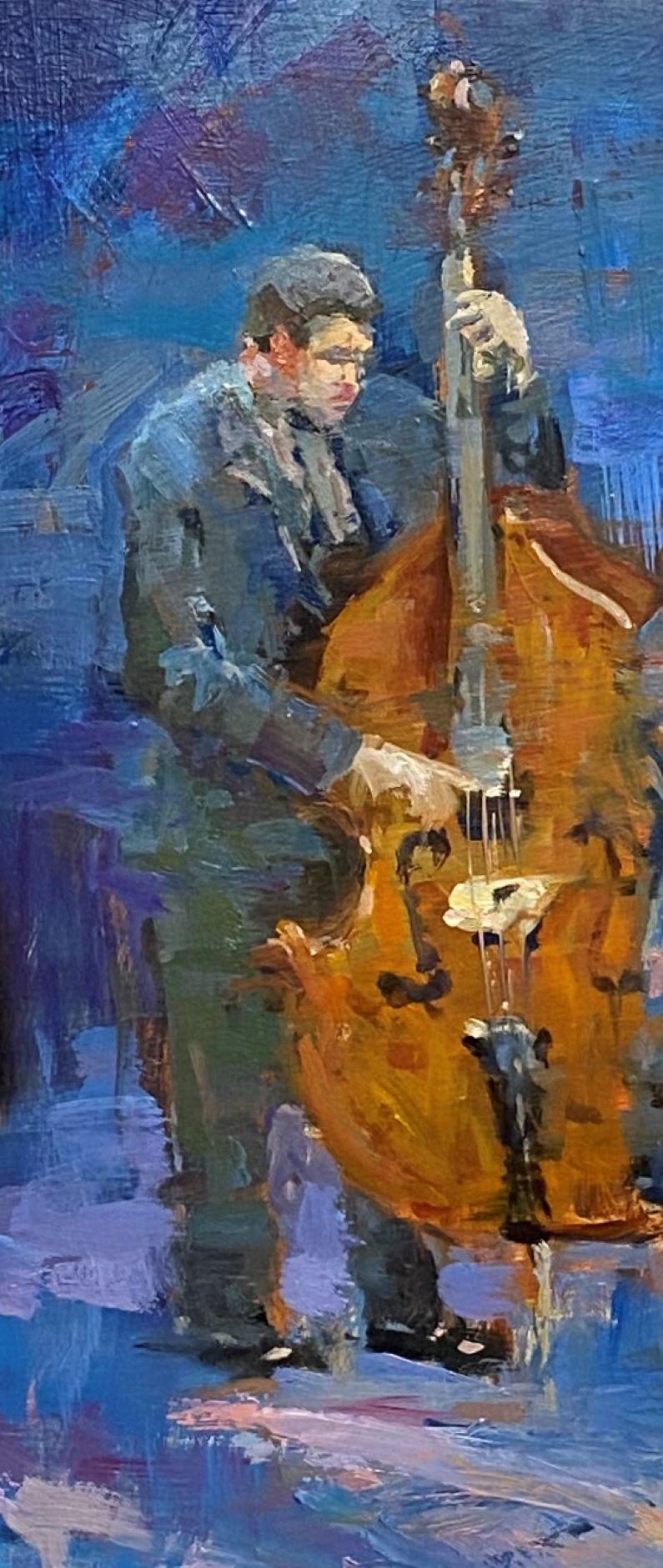 Blue Jazz, original impressionist figurative interior landscape - Gray Landscape Painting by Jim Rodgers