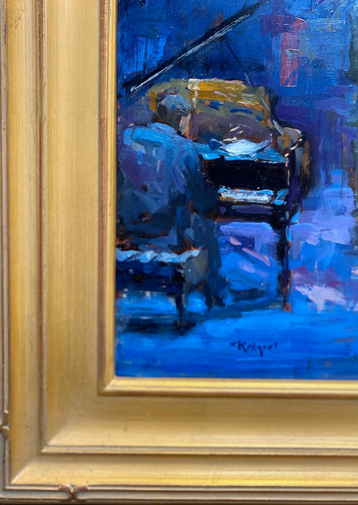 You can hear and feel the blues and jazz permeating throughout the club, exploding with mood and emotion.  The artists interactions are both well practiced and free from constraints.  Artist Jim Rodgers uses bold, impressionist brushstrokes to