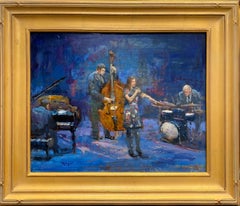 Blue Jazz, paysage d'intérieur figuratif impressionniste original