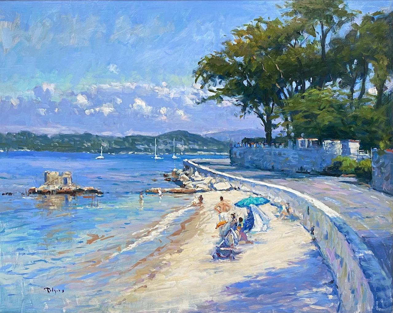 Cap d'Antibes Cove, 24x30 original French impressionist marine landscape - Painting by Jim Rodgers