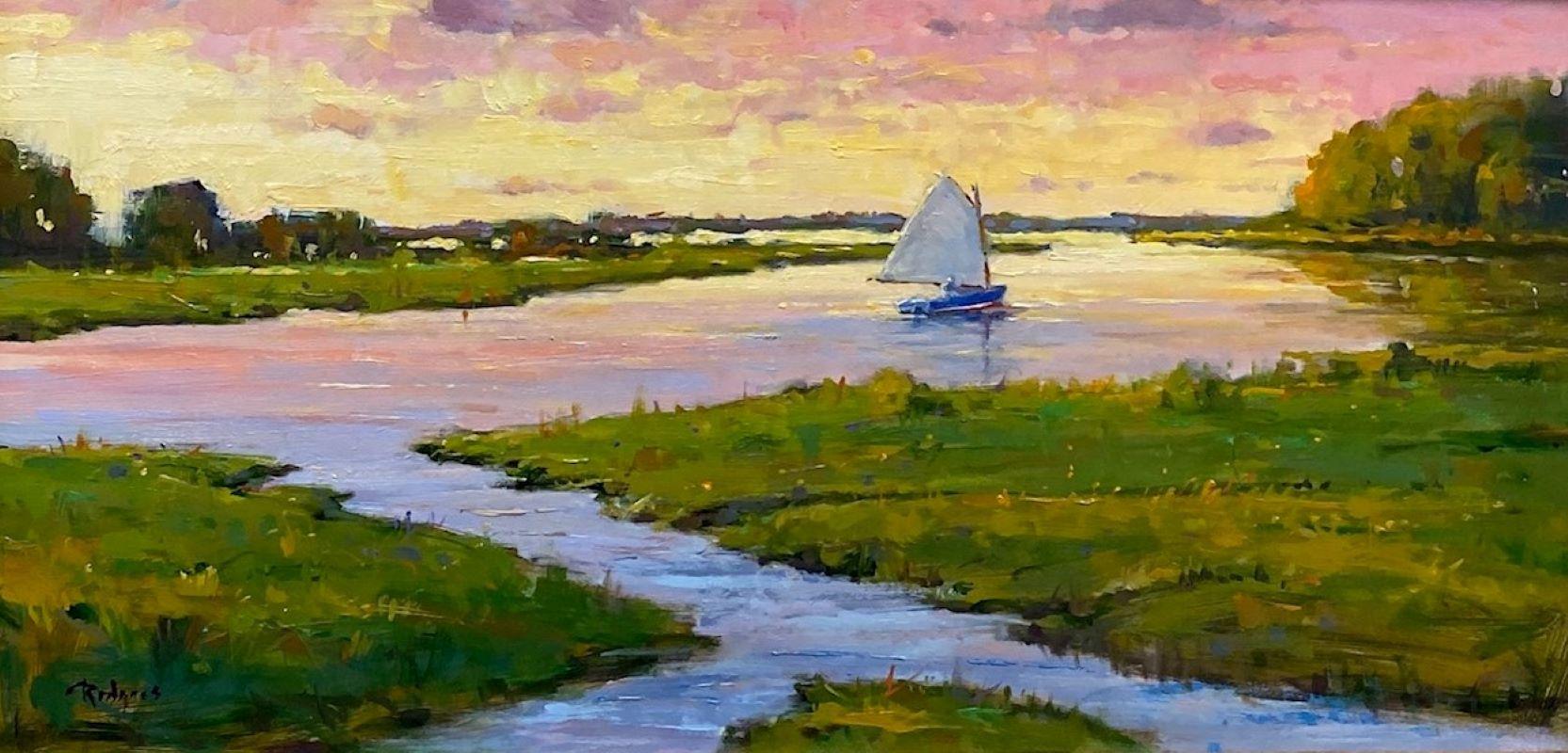Barco de gatos en las marismas, paisaje marino original - Painting de Jim Rodgers