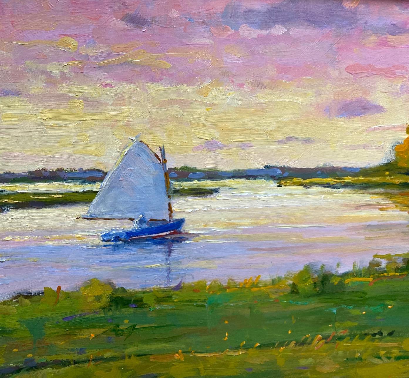 Barco de gatos en las marismas, paisaje marino original - Painting Impresionista de Jim Rodgers