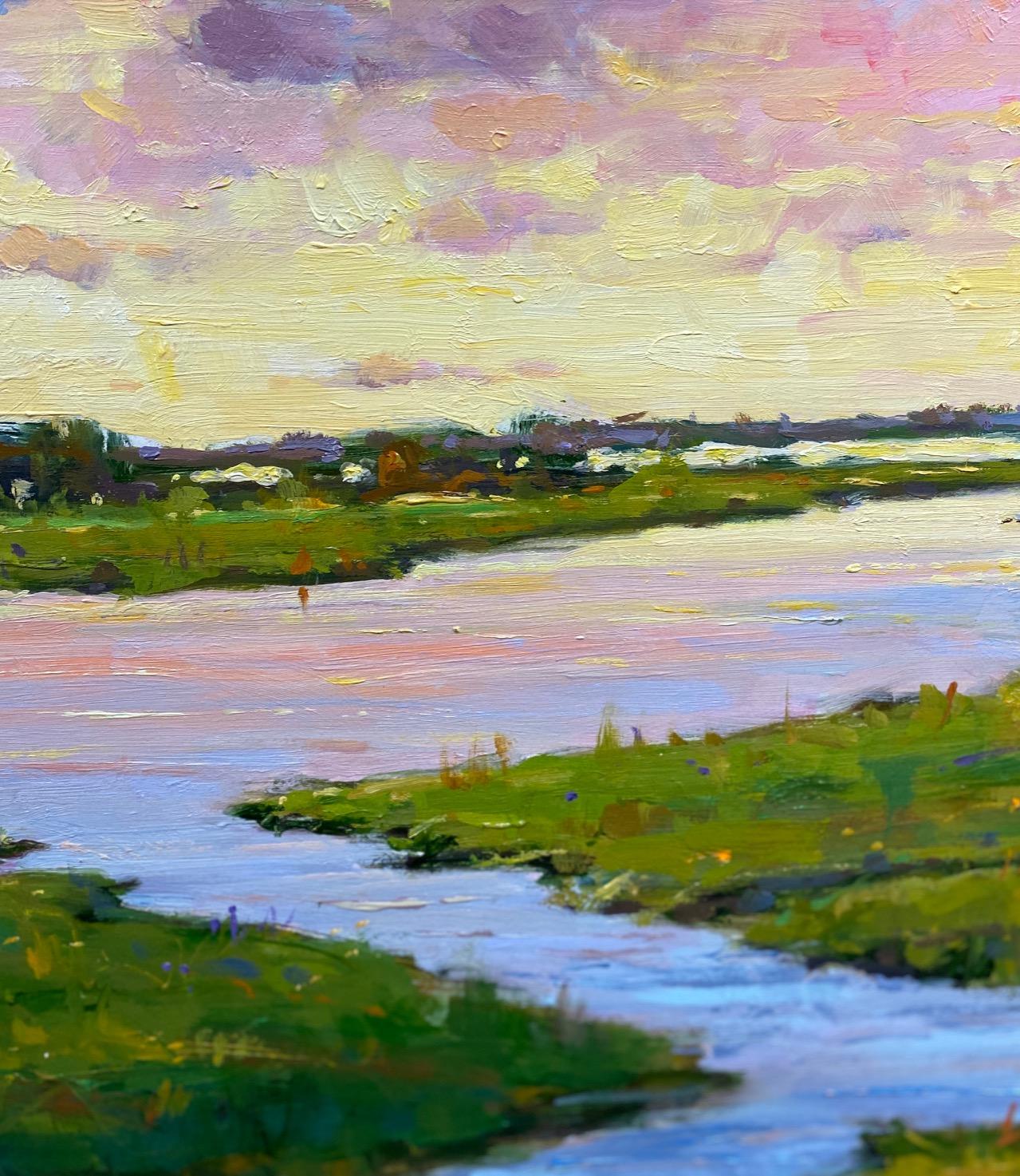 Barco de gatos en las marismas, paisaje marino original - Landscape Painting Marrón de Jim Rodgers