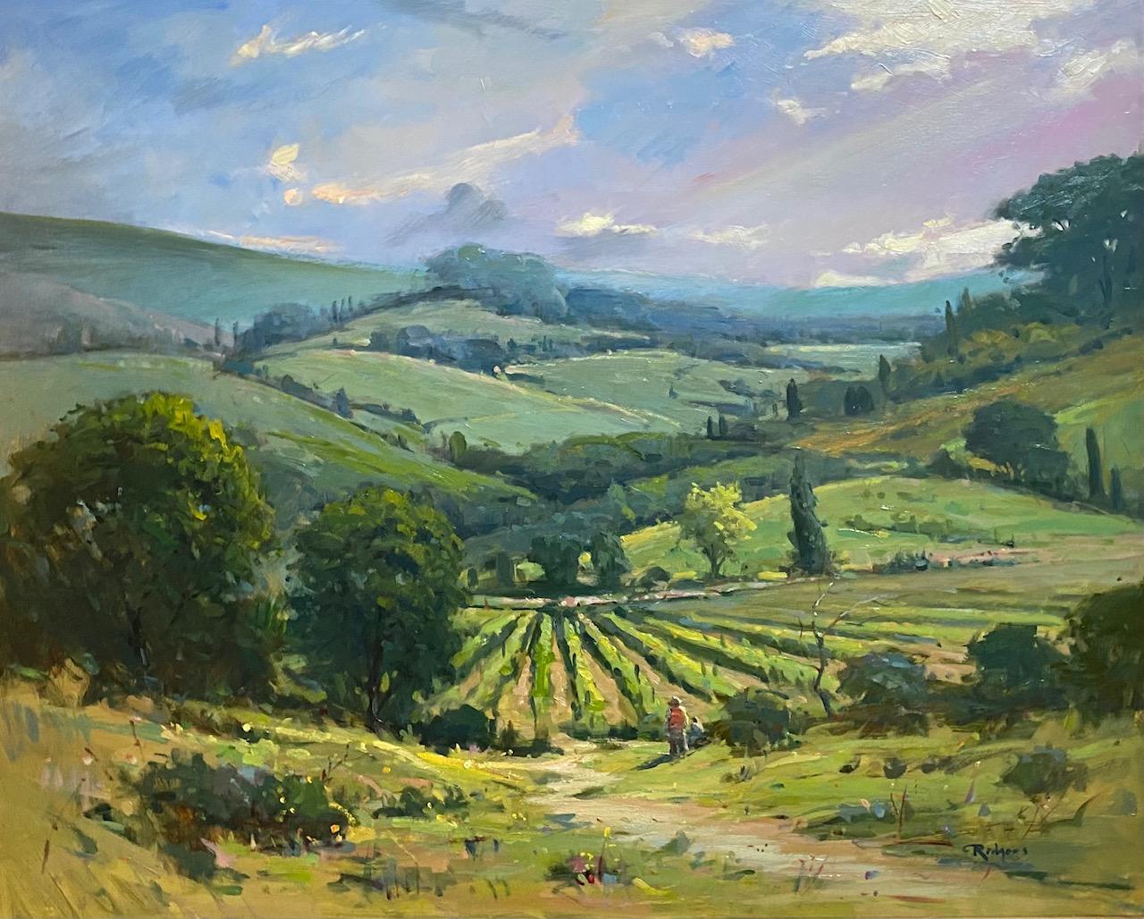 Chianti Vineyards, original 24x30 Italian vineyard landscape - Painting by Jim Rodgers