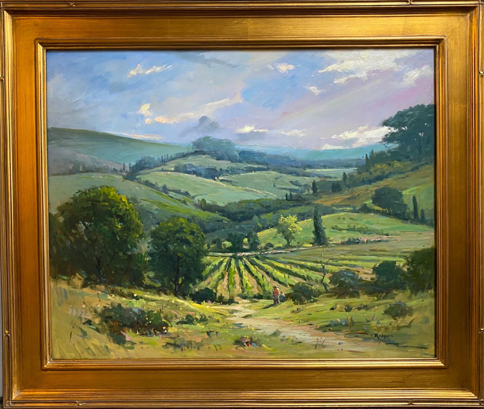 Figurative Painting Jim Rodgers - Vignobles du Chianti, original 24x30 paysage de vignobles italiens