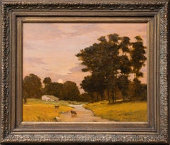 "Evening Stream" Serene Pastoral Western Landscape Painting Golden Hour Cows