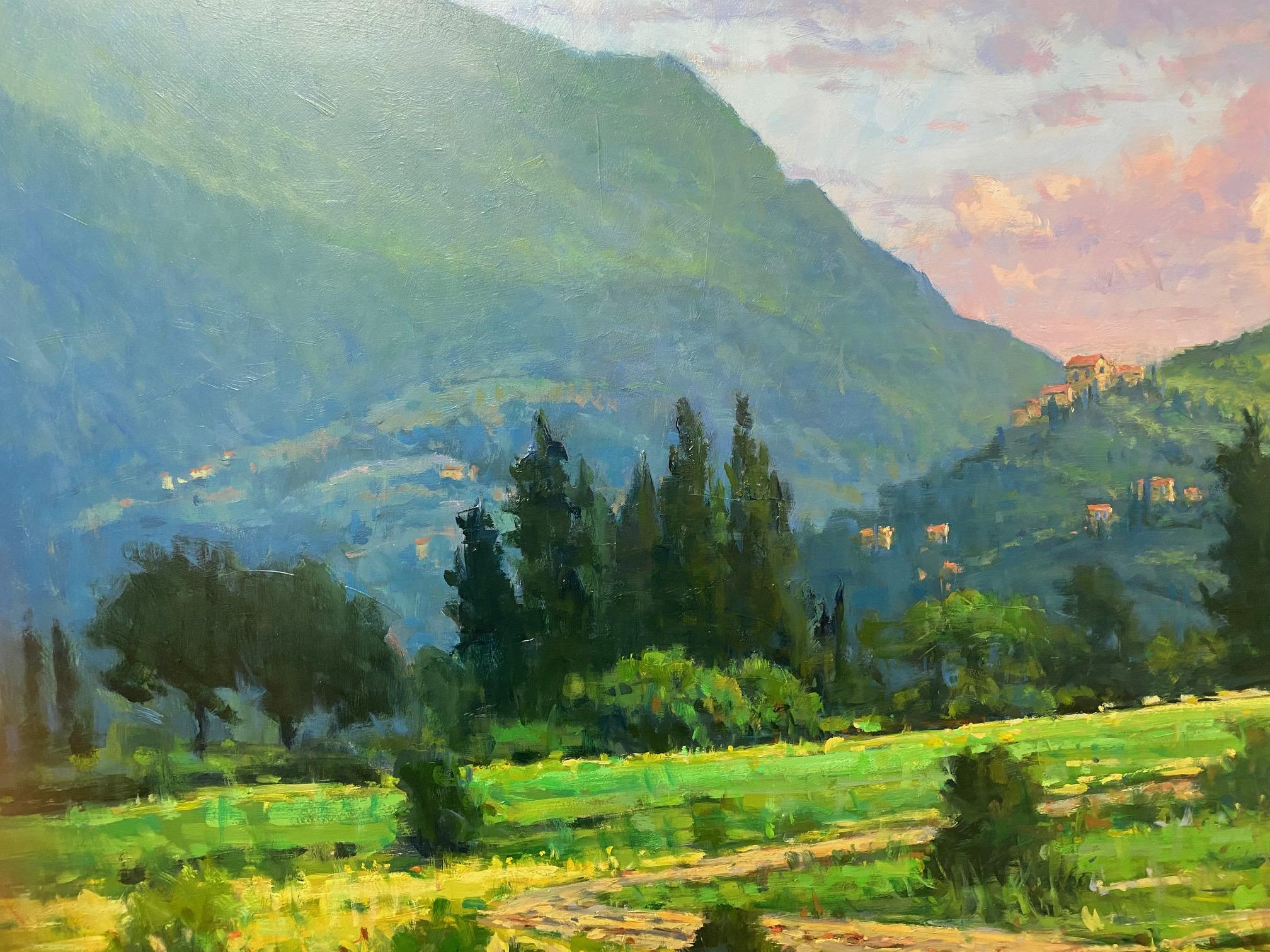 Les champs de Pietrasanta, paysage impressionniste italien original 36x48 - Impressionnisme Painting par Jim Rodgers