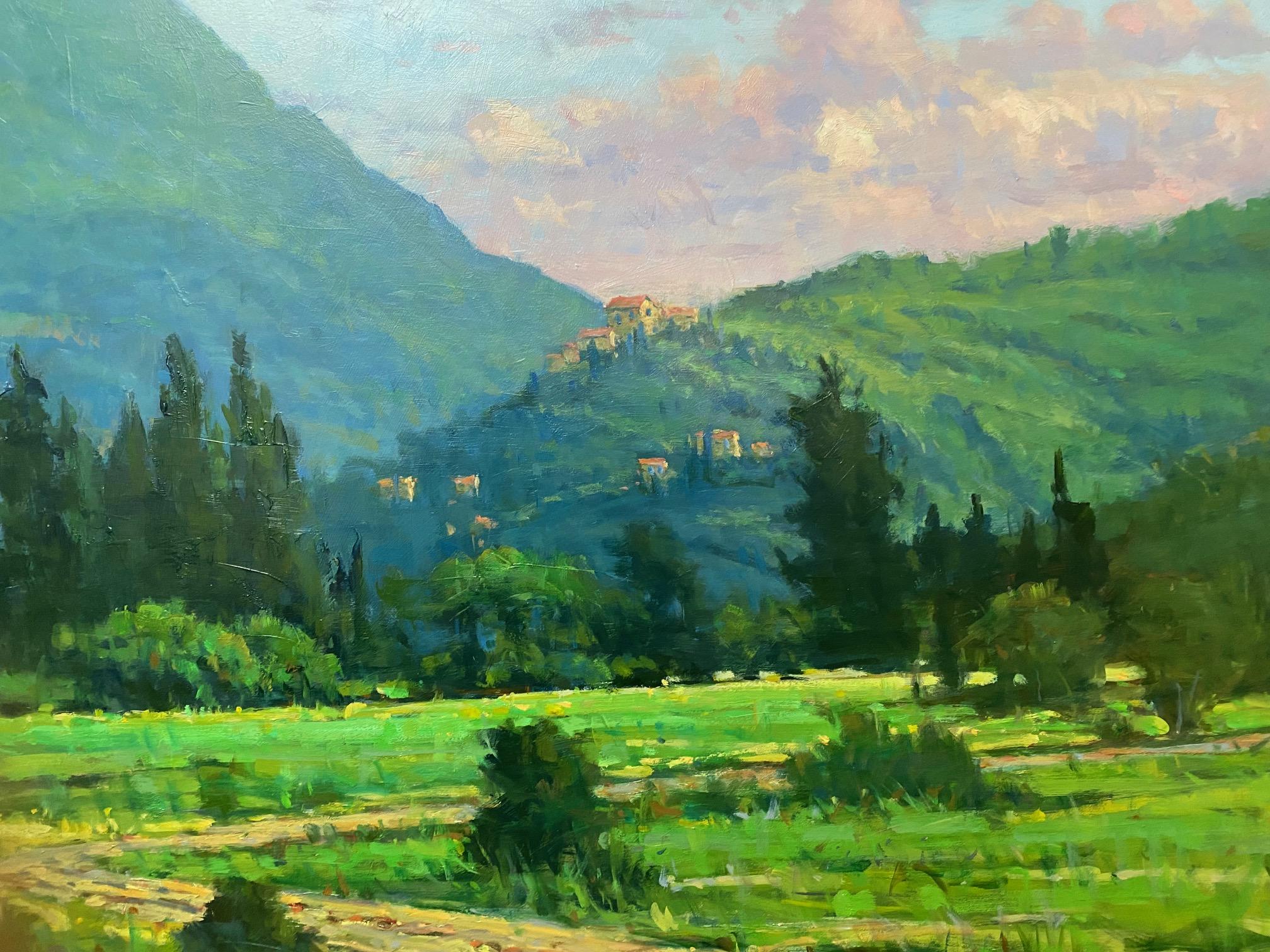 Les champs de Pietrasanta, paysage impressionniste italien original 36x48 - Gris Landscape Painting par Jim Rodgers