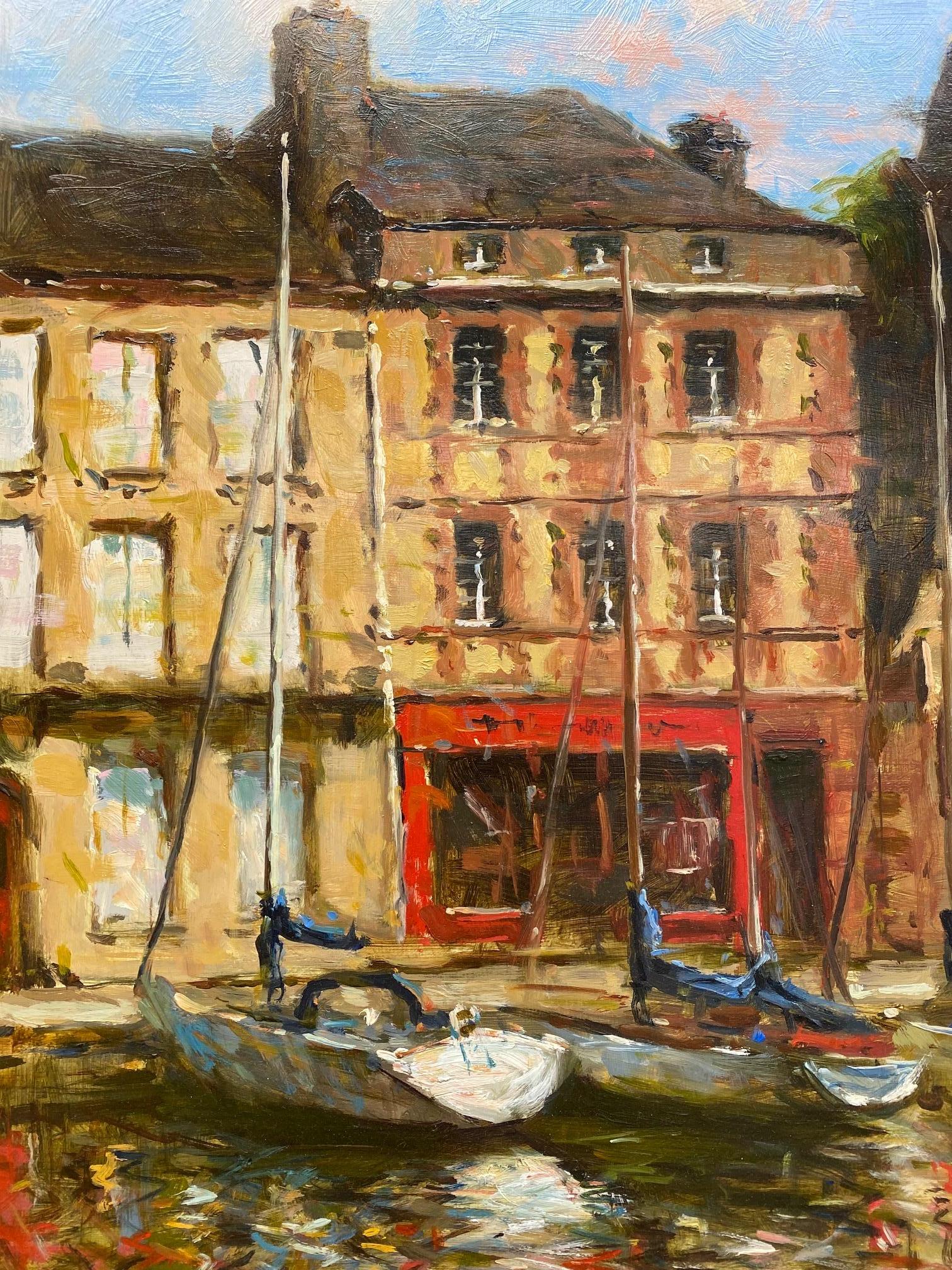 Under a captivating aquamarine blue sky dotted with sumptuous white clouds, the northern sunlight graces Honfleur, France while blessing the generations of artists who have  migrated there to paint with the utmost clarity, and views overlooking the