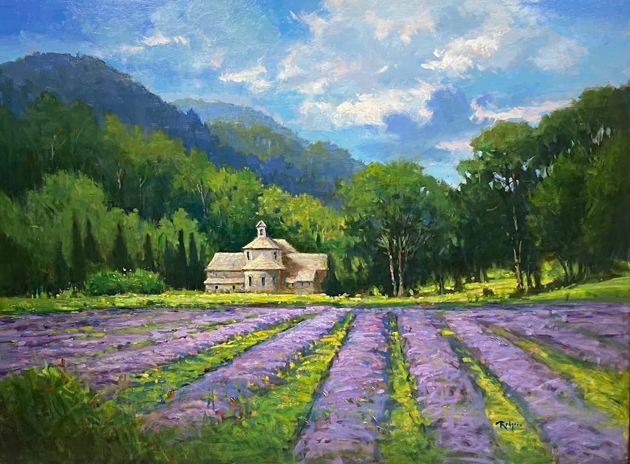 Lavender in Gordes, original 30x40 French impressionist landscape - Painting by Jim Rodgers