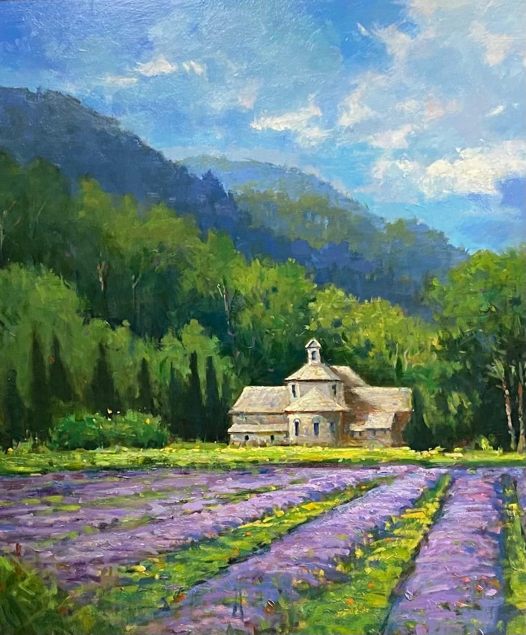 Lavender in Gordes, paysage impressionniste français original 30x40 - Impressionnisme Painting par Jim Rodgers