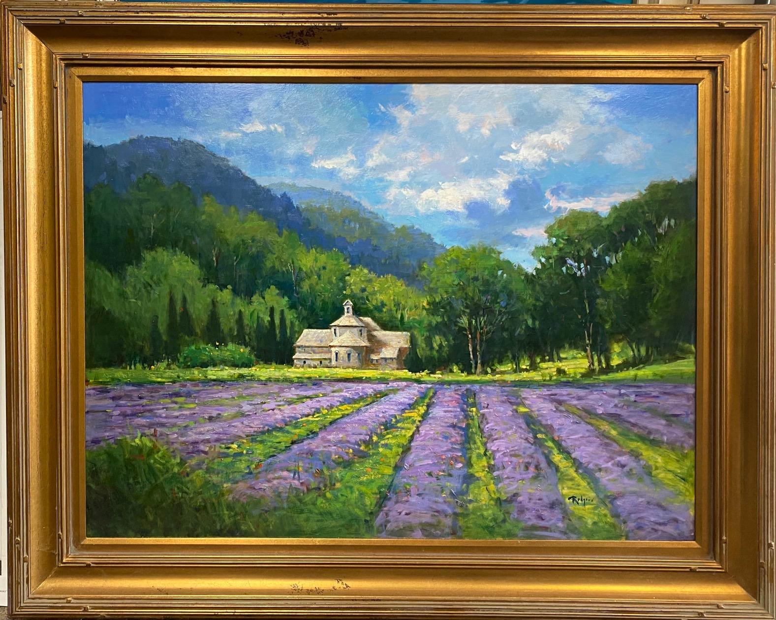 Landscape Painting Jim Rodgers - Lavender in Gordes, paysage impressionniste français original 30x40