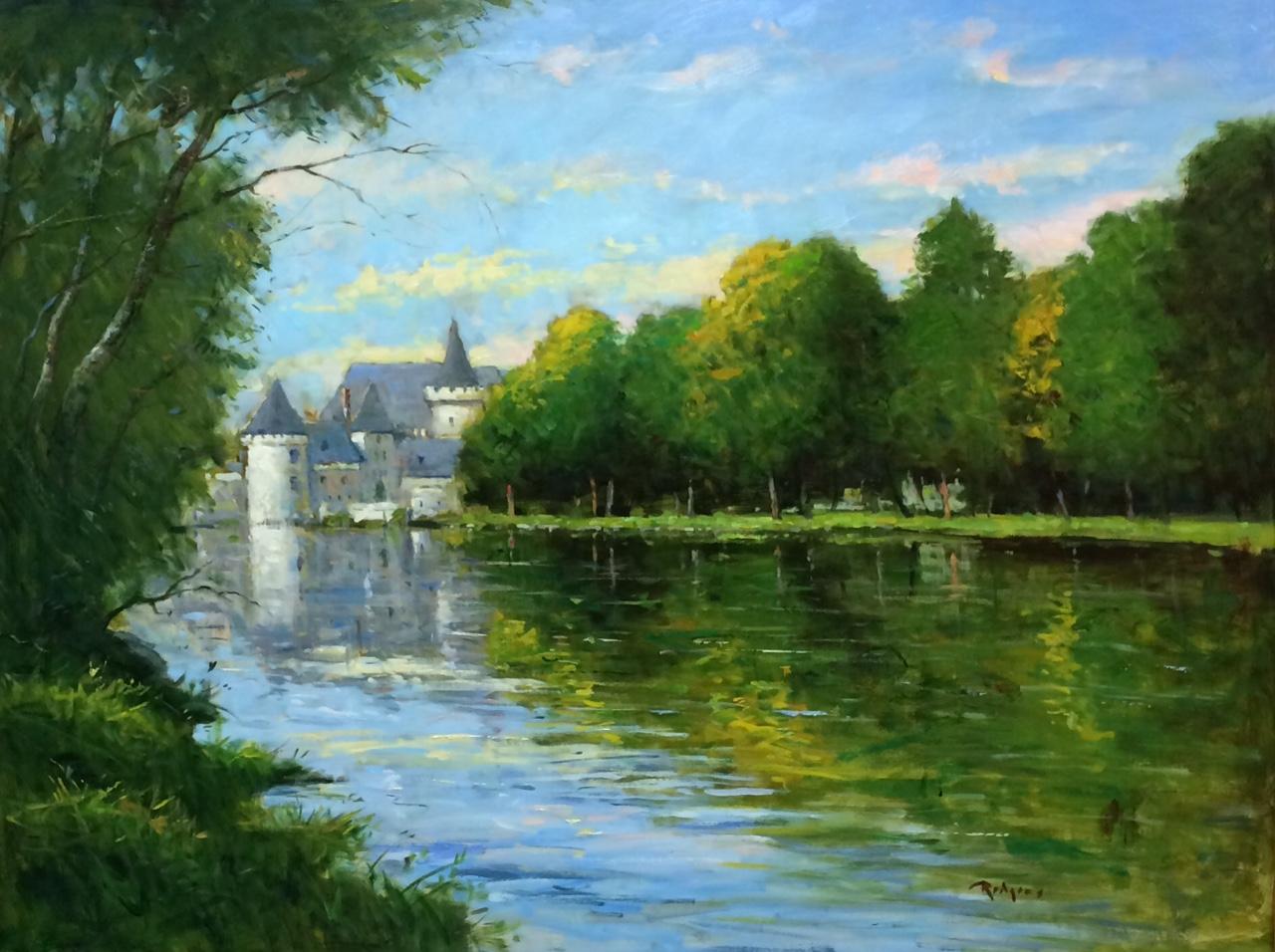 Loire Reflections, paysage impressionniste français original 30x40 - Painting de Jim Rodgers