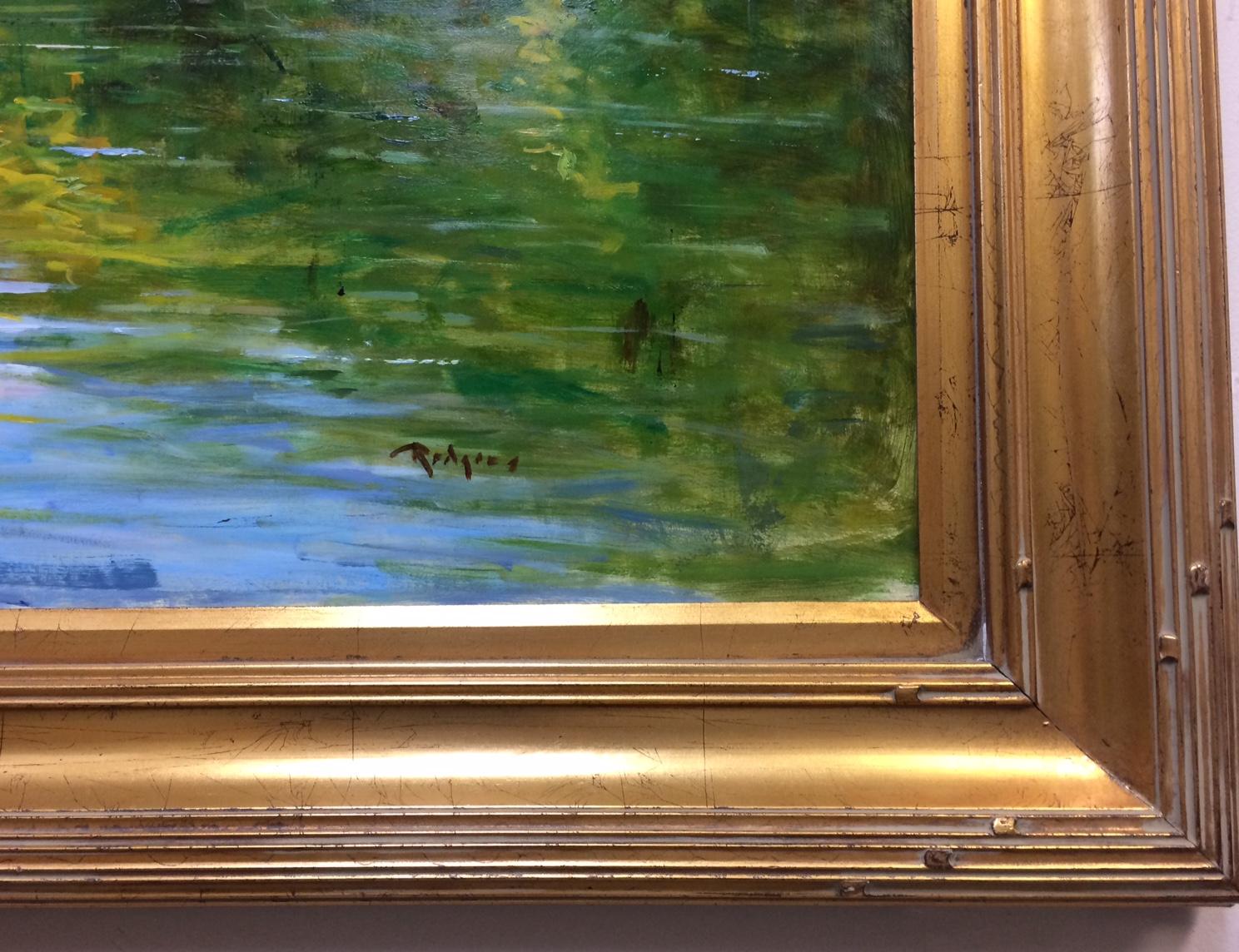 Loire Reflections, paysage impressionniste français original 30x40 - Marron Landscape Painting par Jim Rodgers