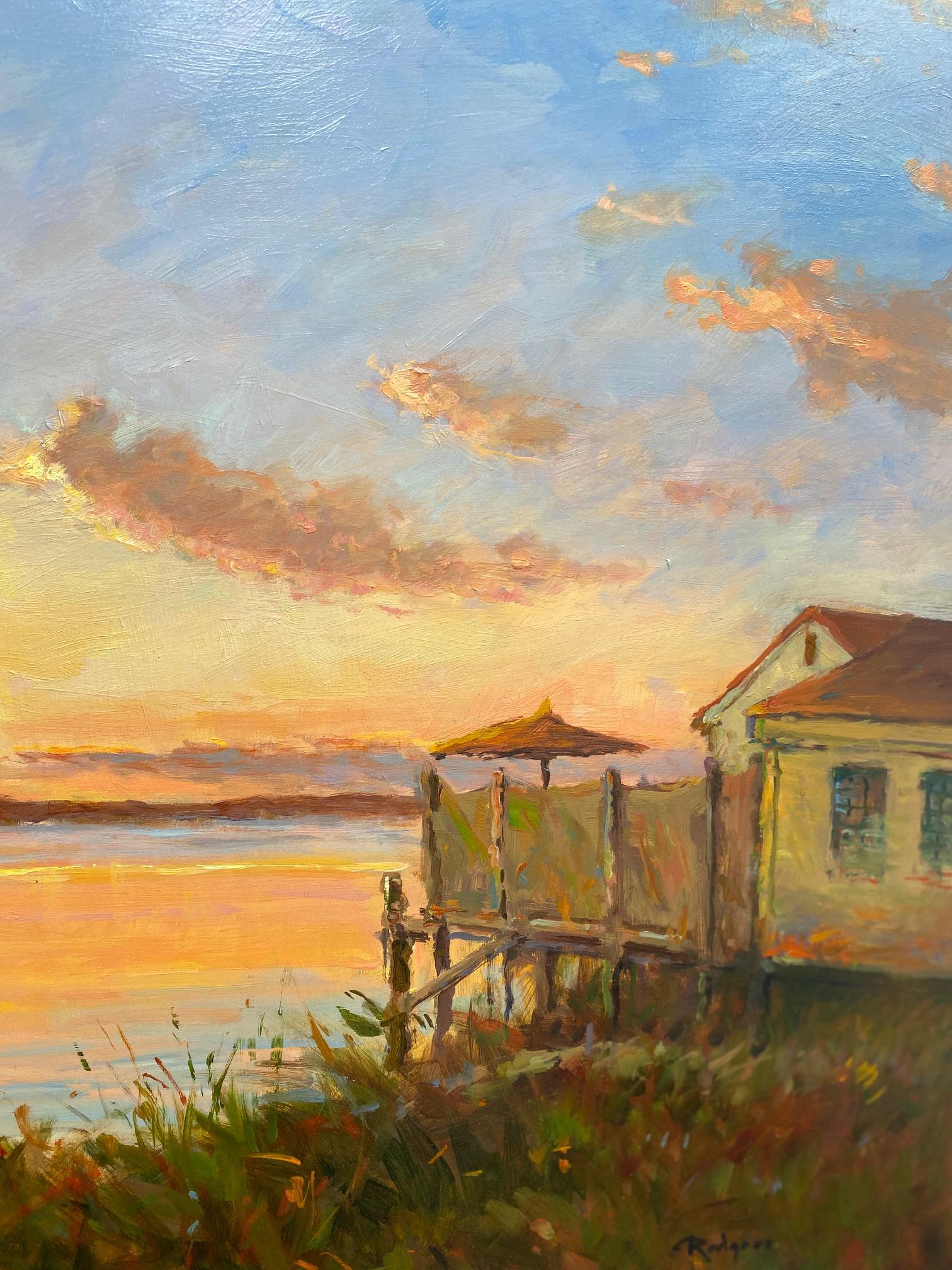 Morning in Chatham, original 24x30  impressionist marine landscape of Cape Cod - Gray Landscape Painting by Jim Rodgers