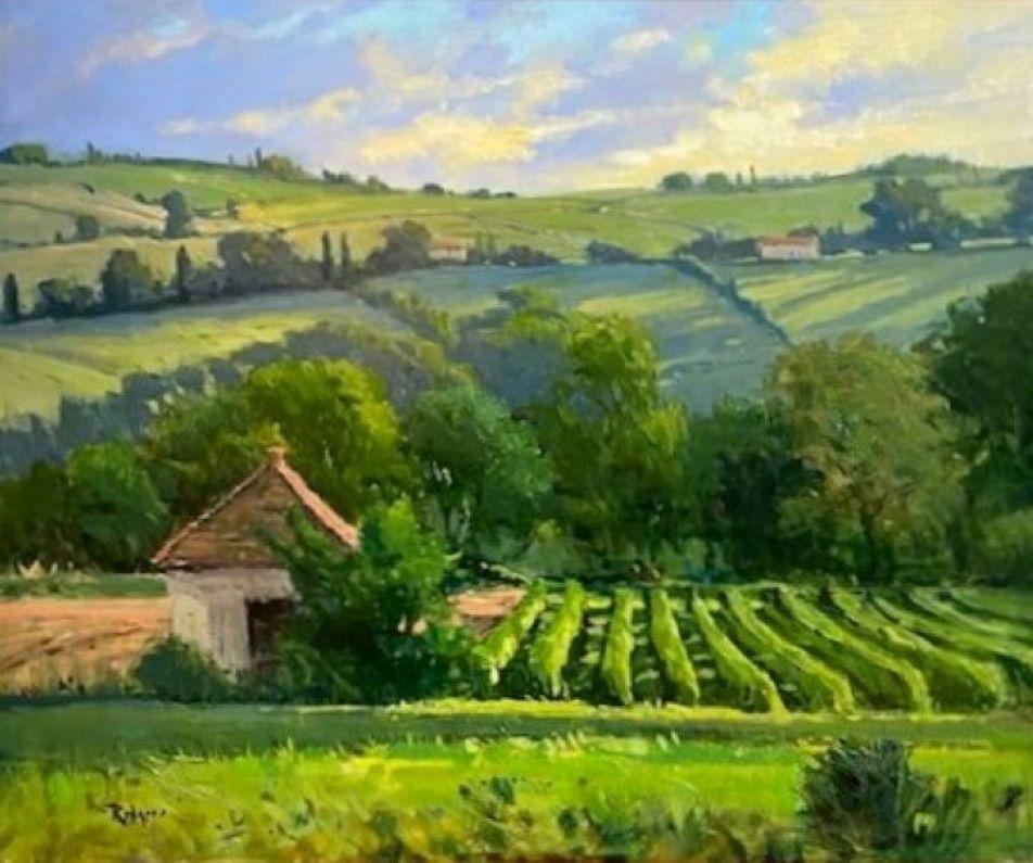 Morning Vineyard, Provence, original 24x30 French impressionist landscape - Painting by Jim Rodgers