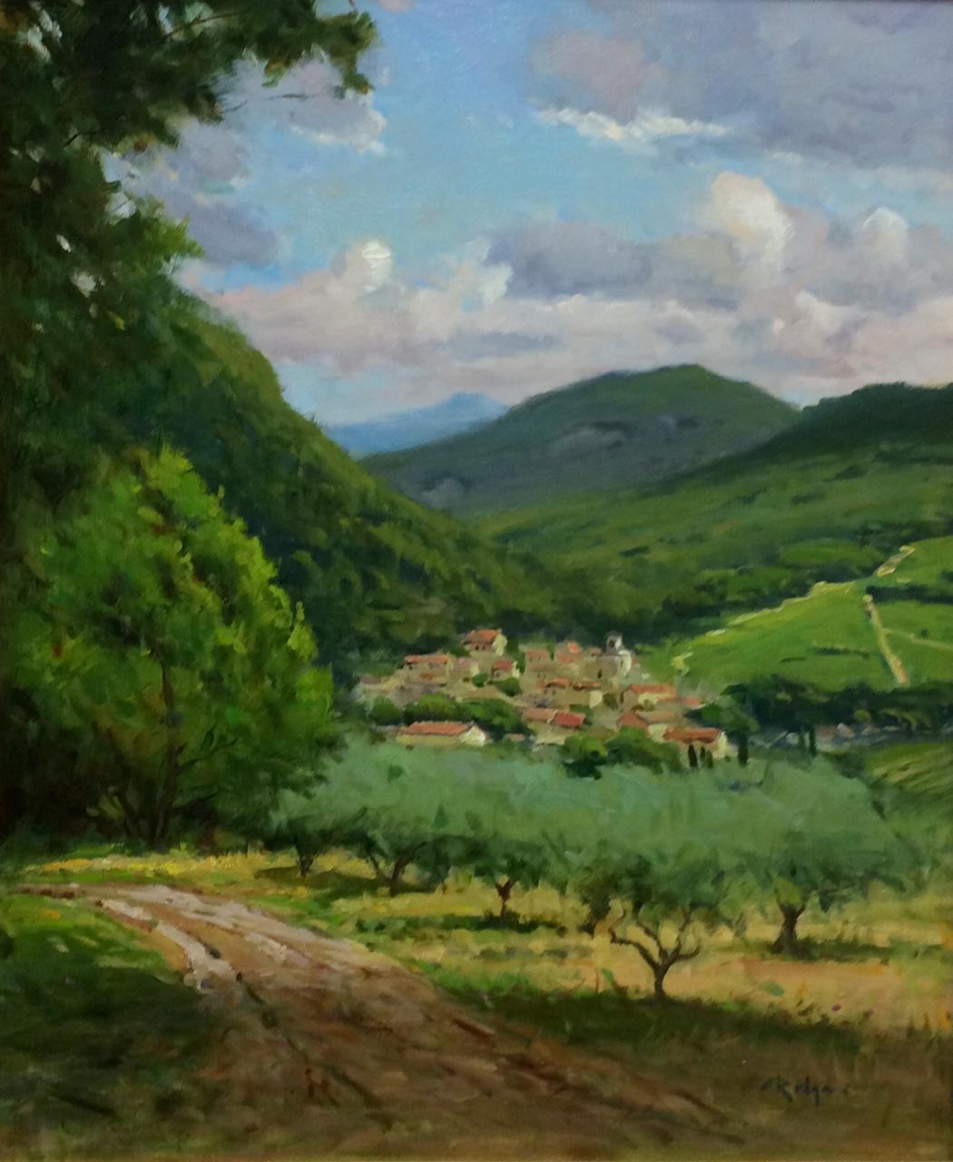 Nestled in Chianti, original impressionist Italian landscape - Painting by Jim Rodgers