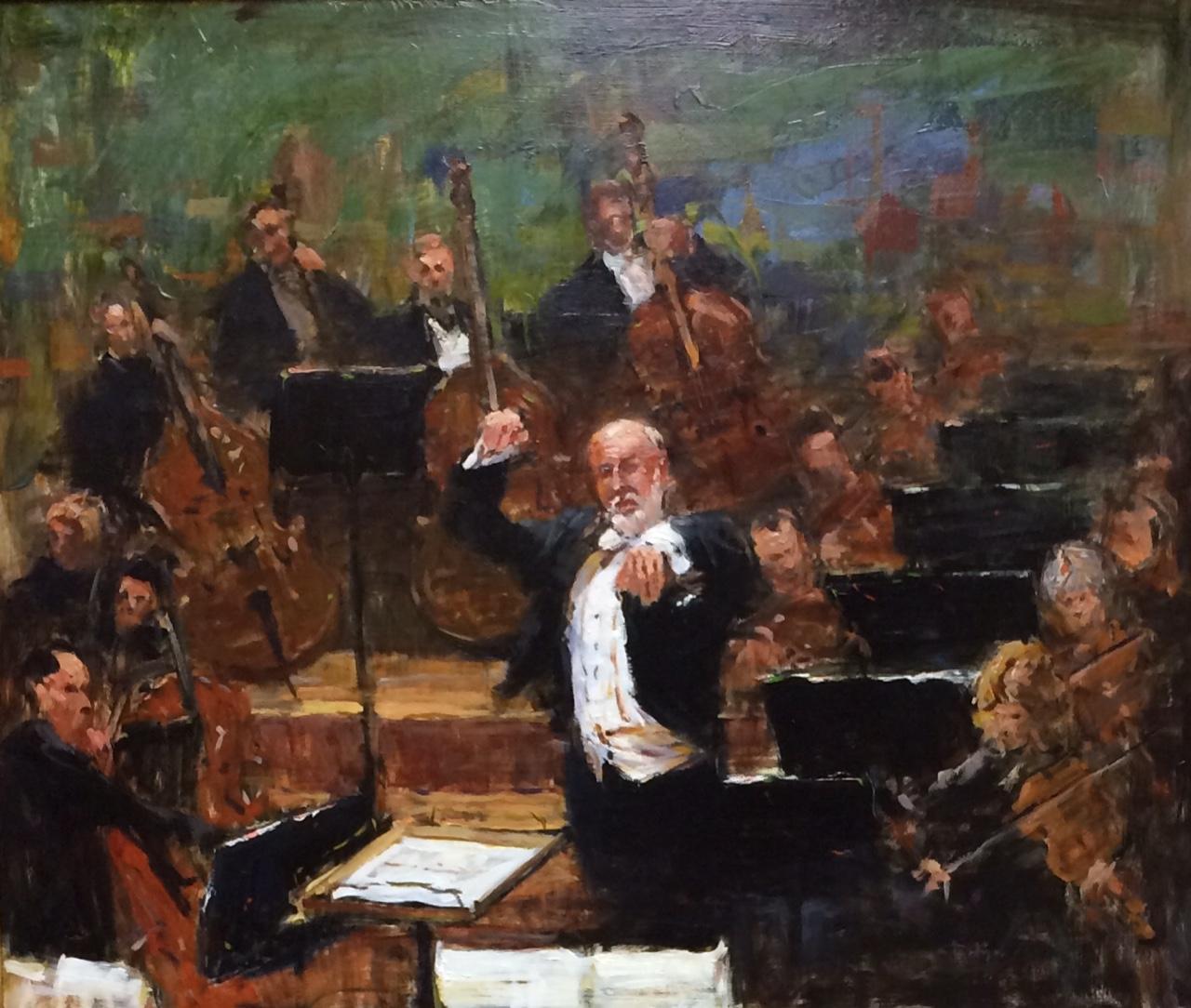Orchestra Pit,  original impressionist, figurative oil painting - Painting by Jim Rodgers