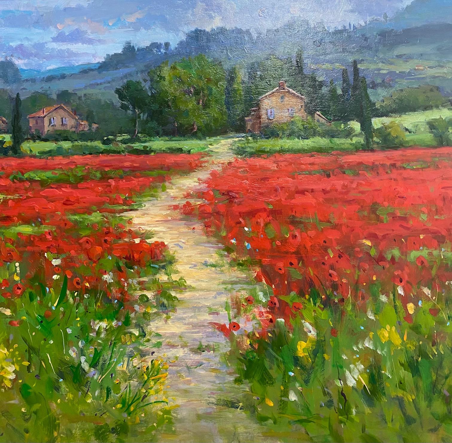 Poppies in Provence, original 24x30 French impressionist landscape - Painting by Jim Rodgers
