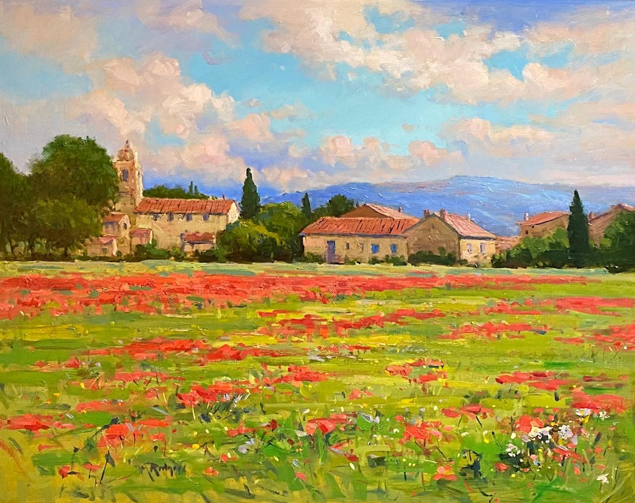 Poppies in the Luberon, original 24x30 French impressionist landscape - Painting by Jim Rodgers