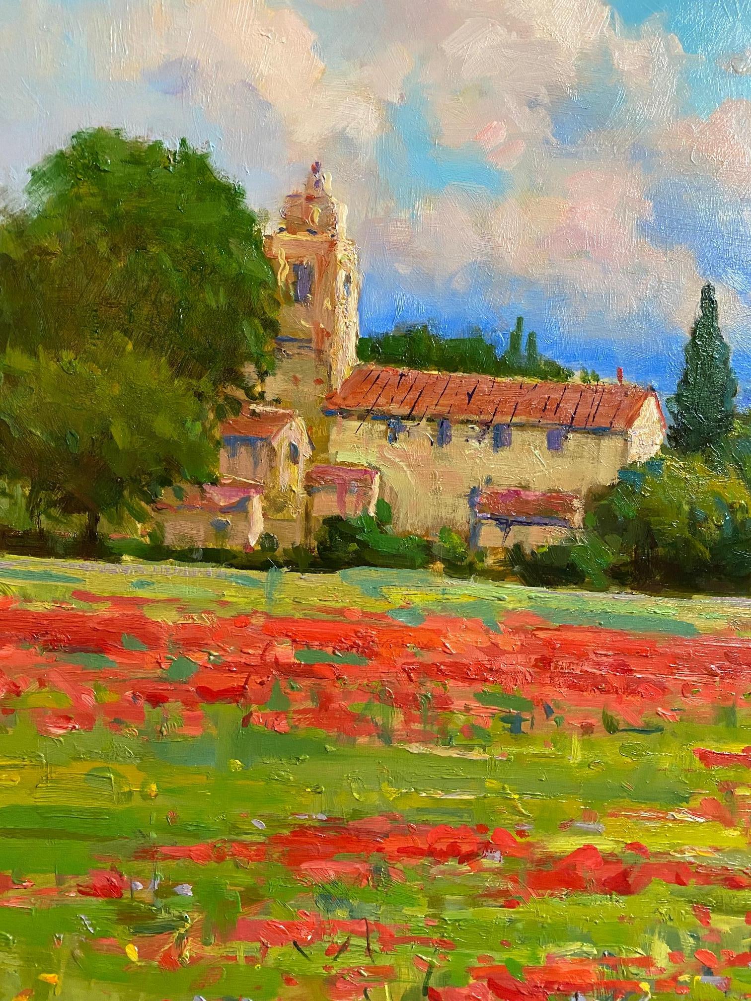 Poppies in the Luberon, original 24x30 French impressionist landscape - Impressionist Painting by Jim Rodgers