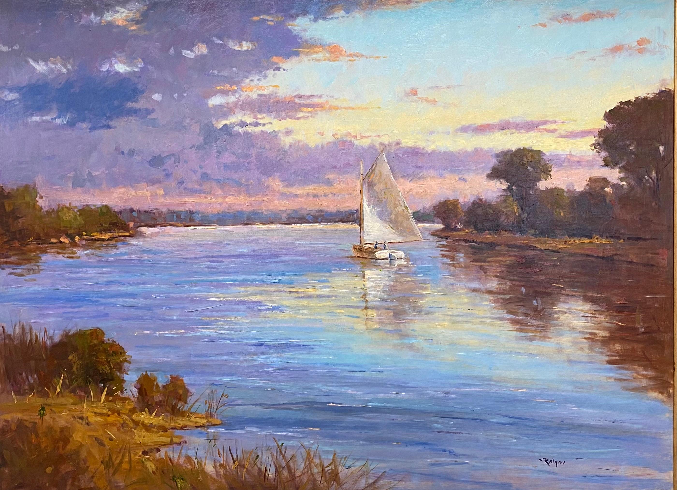 Quiet Evening Sail, original 30x40 impressionist marine landscape - Painting by Jim Rodgers