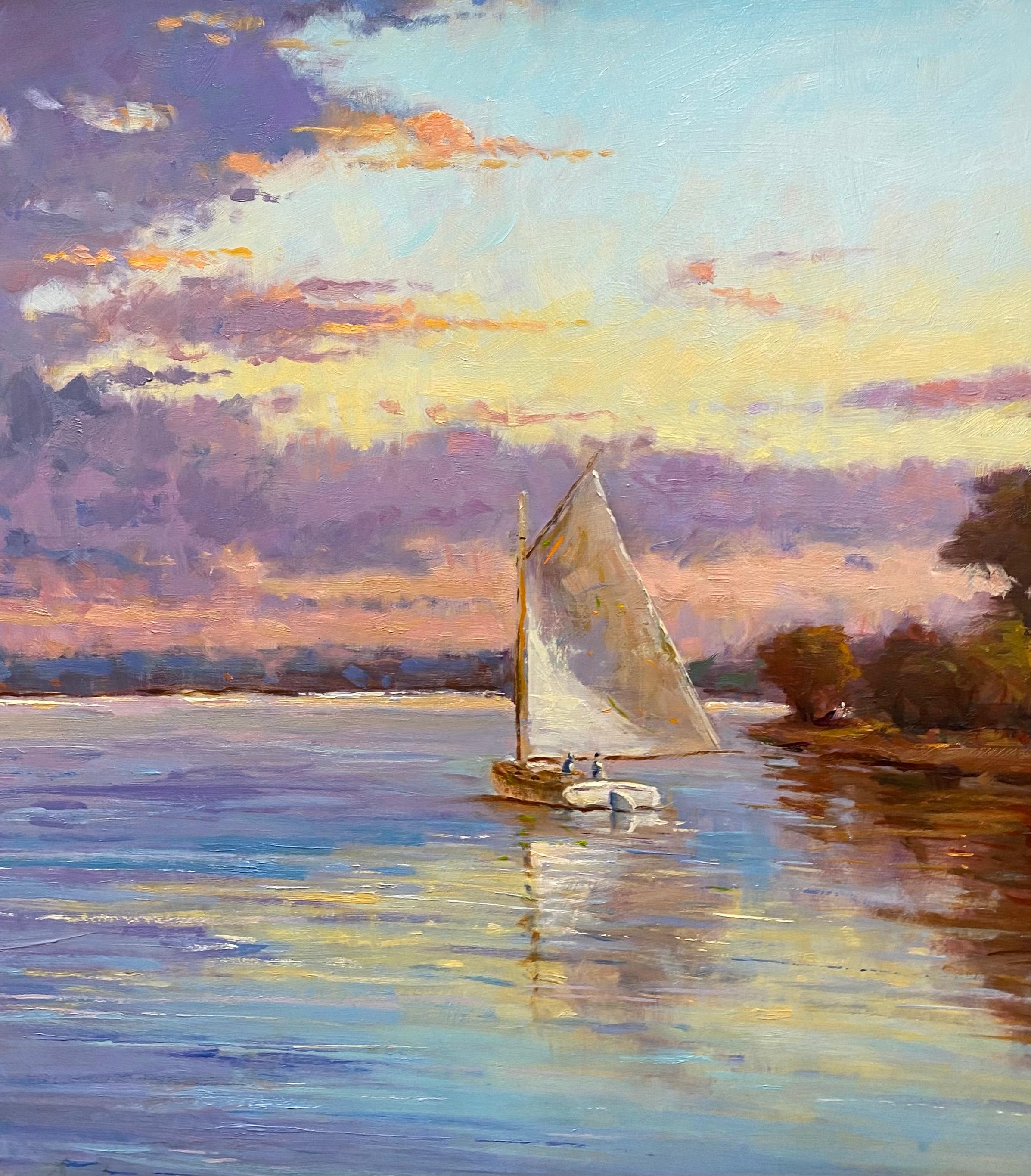 Quiet Evening Sail, impressionistische Meereslandschaft im Originalformat 30x40 (Grau), Landscape Painting, von Jim Rodgers