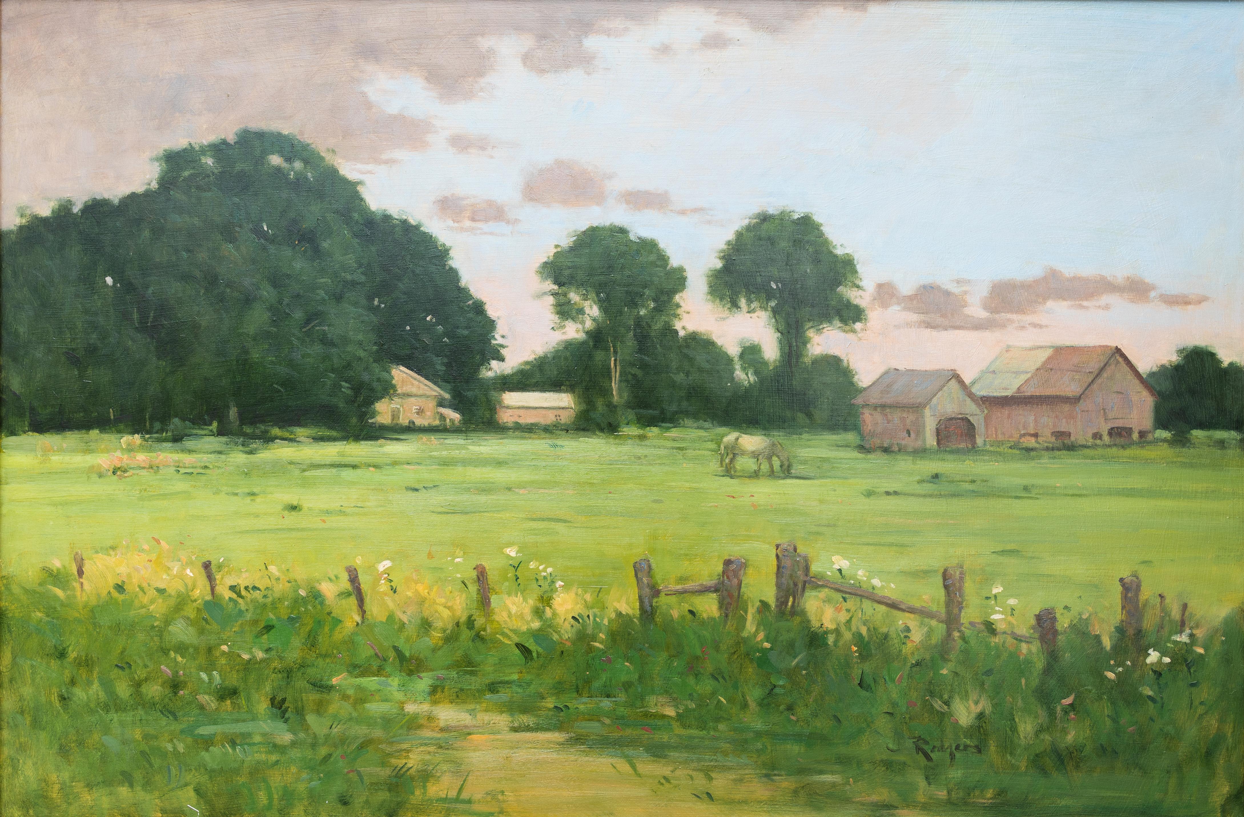 Landscape Painting de Jim Rodgers - "Pasto de rancho con caballos" Paisaje de primavera