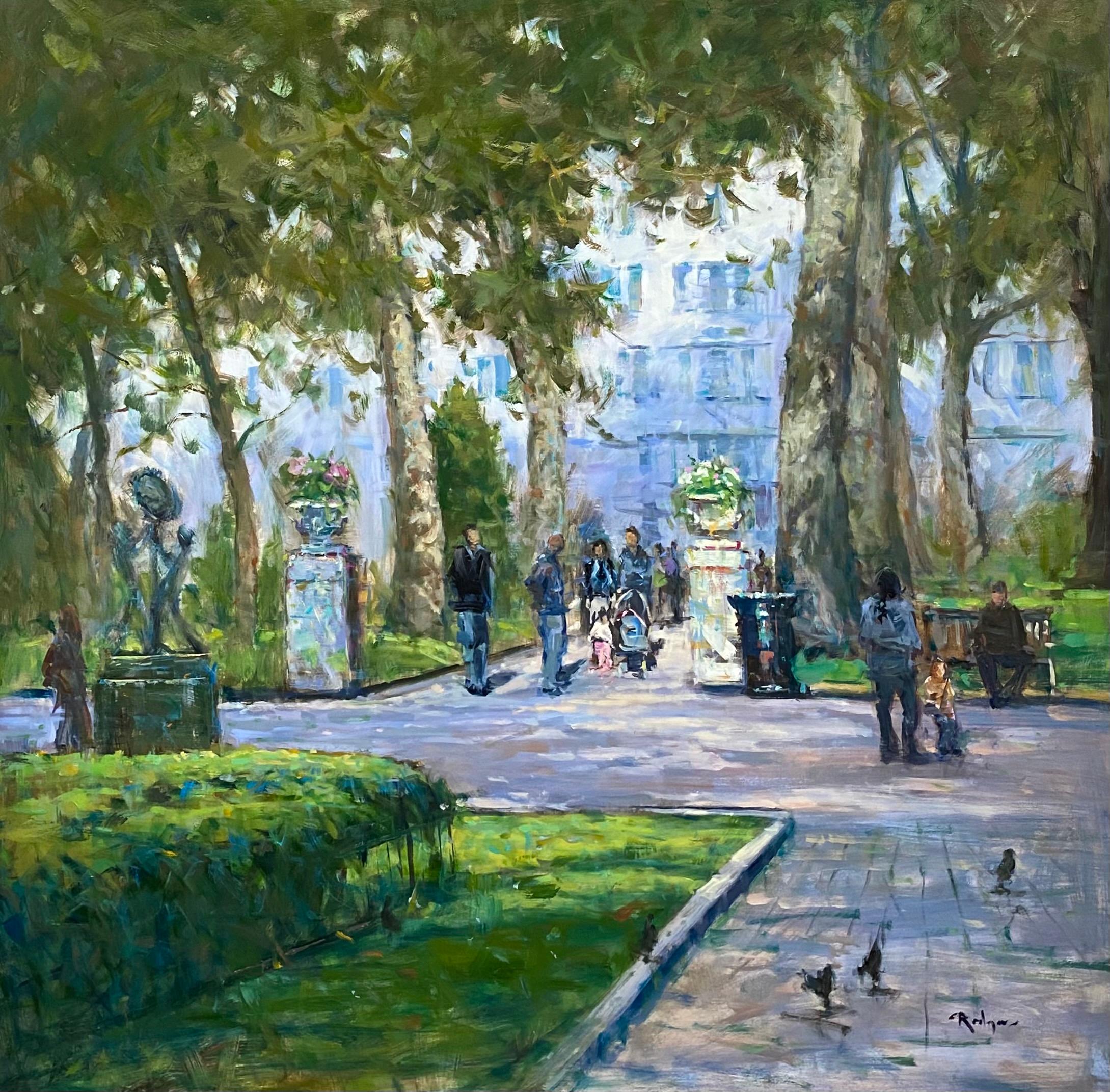 Rittenhouse Square, original 30x30 impressionist urban landscape - Painting by Jim Rodgers