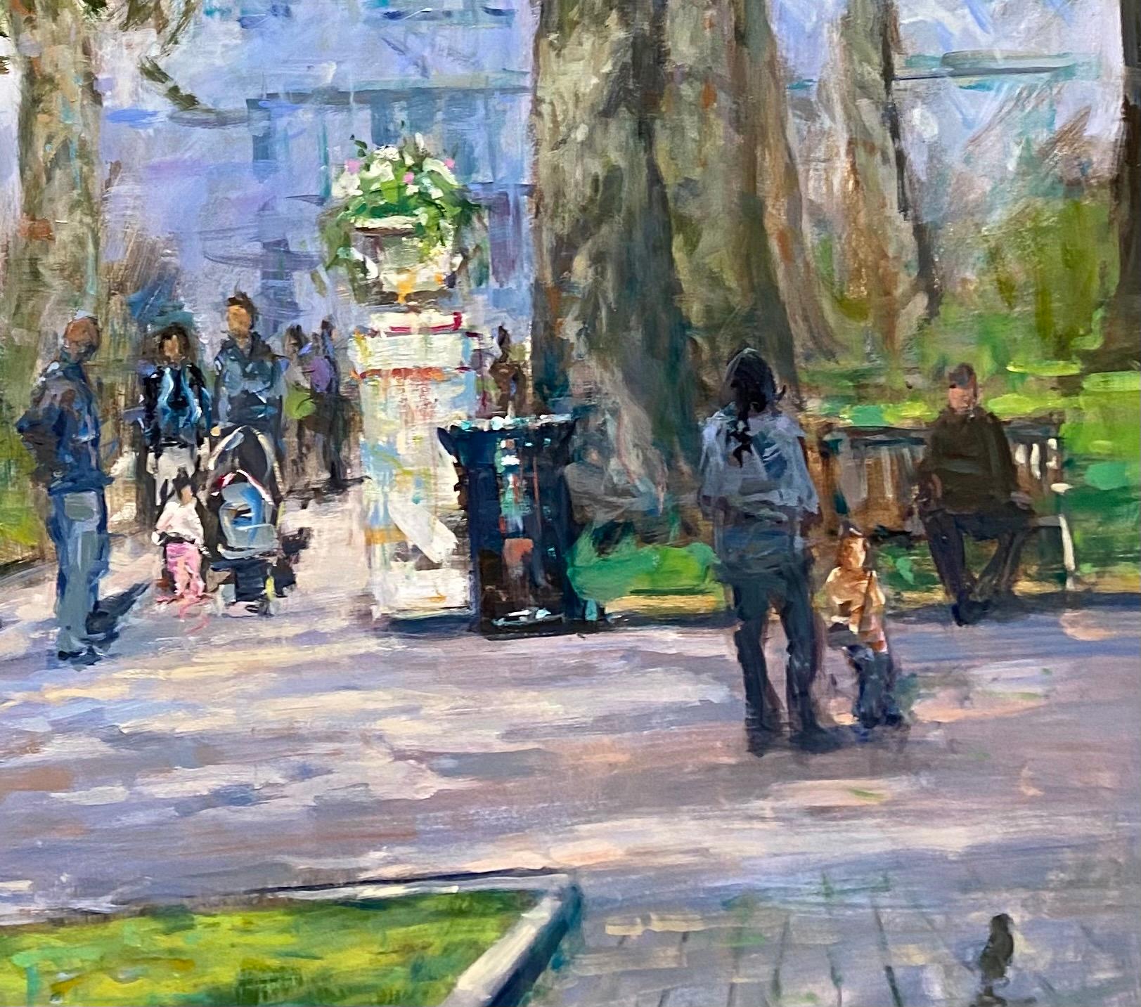 Rittenhouse Square, original 30x30 impressionist urban landscape - Brown Figurative Painting by Jim Rodgers