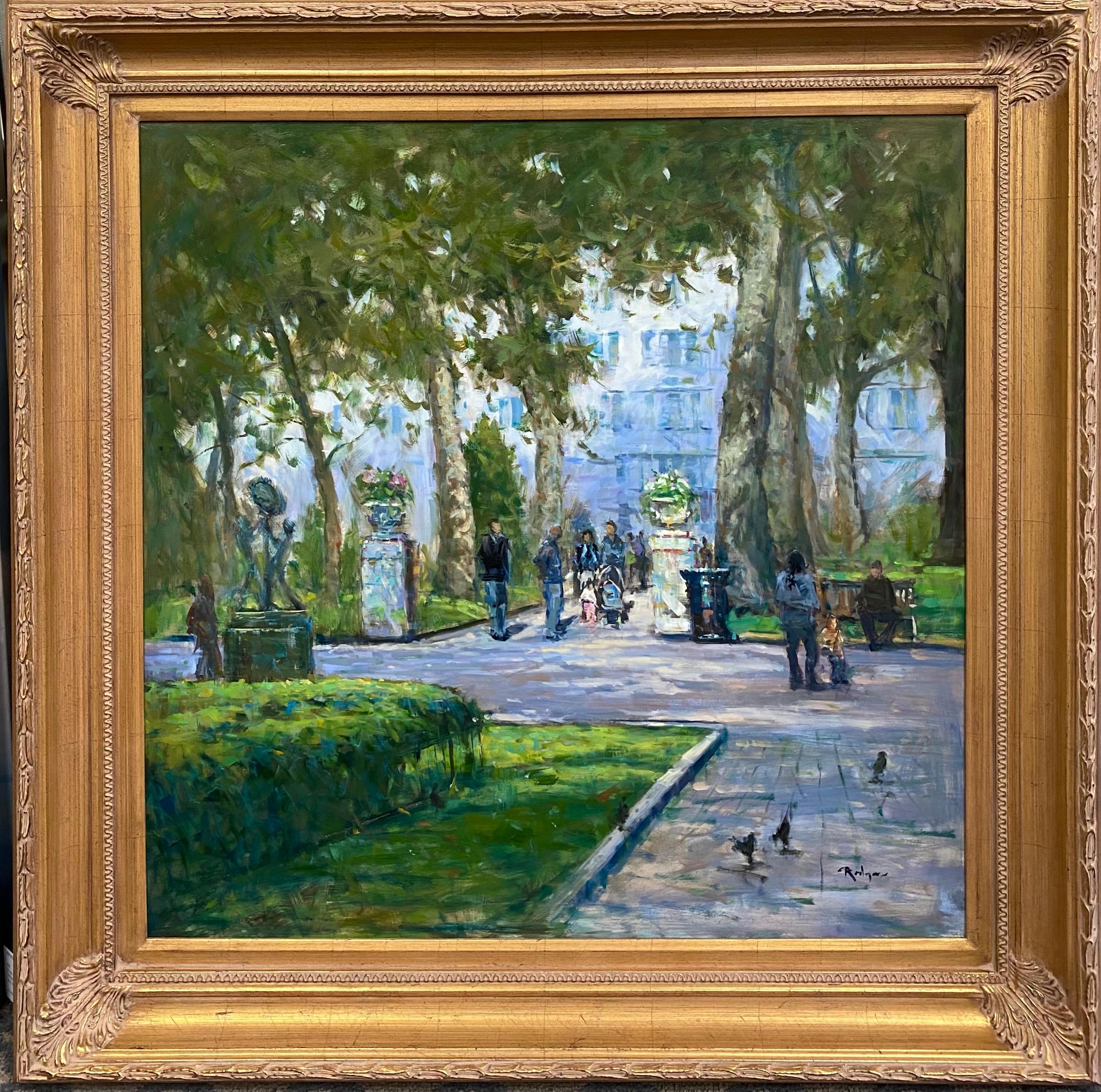 Jim Rodgers Figurative Painting - Rittenhouse Square, original 30x30 impressionist urban landscape